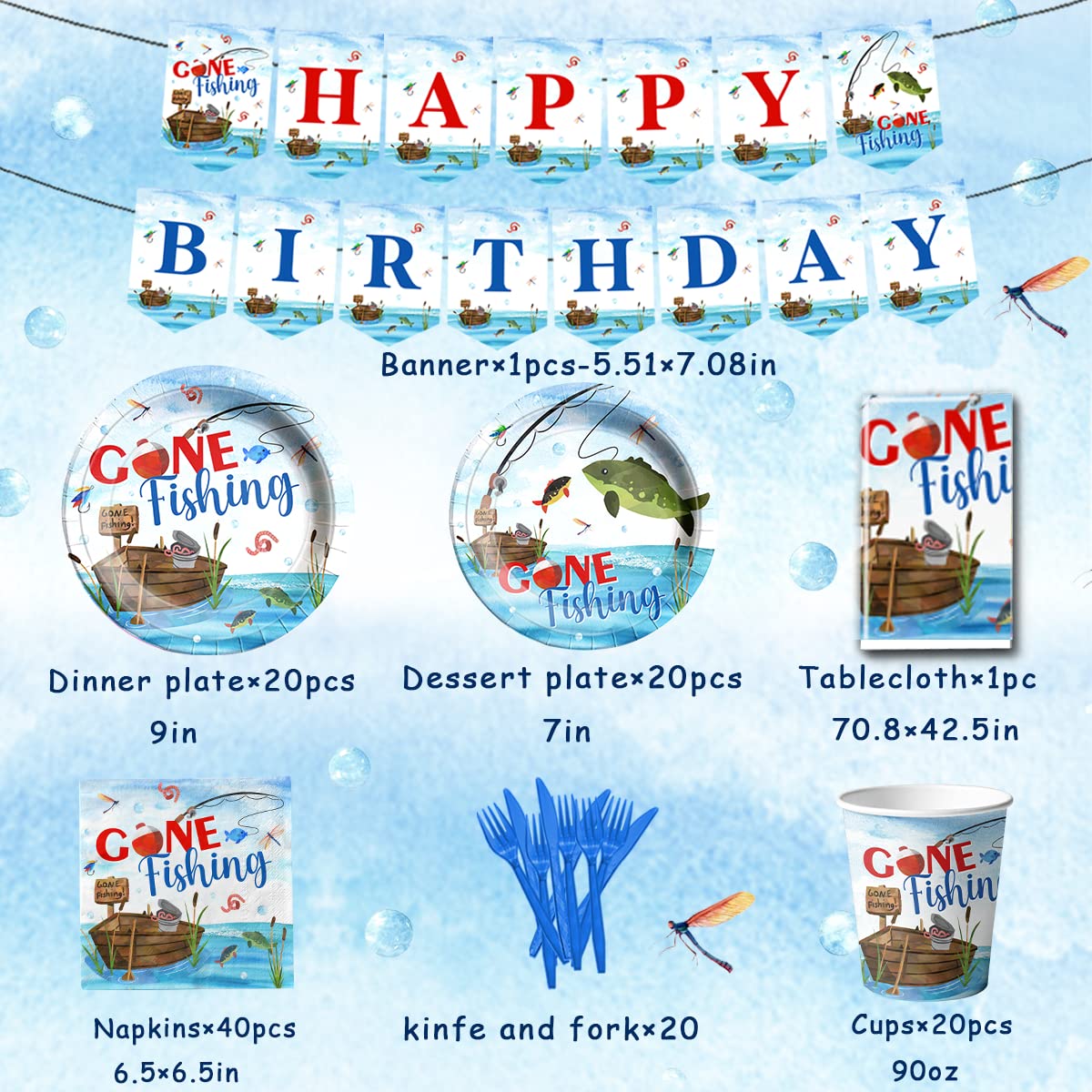 142 Pcs Gone Fishing Tableware,Fishing Birthday Party Decoration Little Fisherman Gone Fishing Themed Disposable Tablecloth,Plates,Napkins Cups Forks