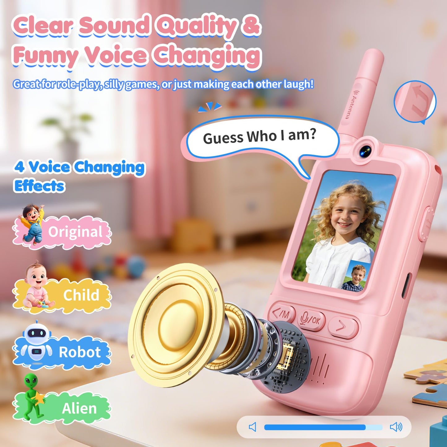 Video Walkie Talkies for Kids, 2 Pack Rechargeable Video Intercom Kids Walkie Talkies, Long Range Two Way Radio with 4 Voice Effects, Kid Indoor