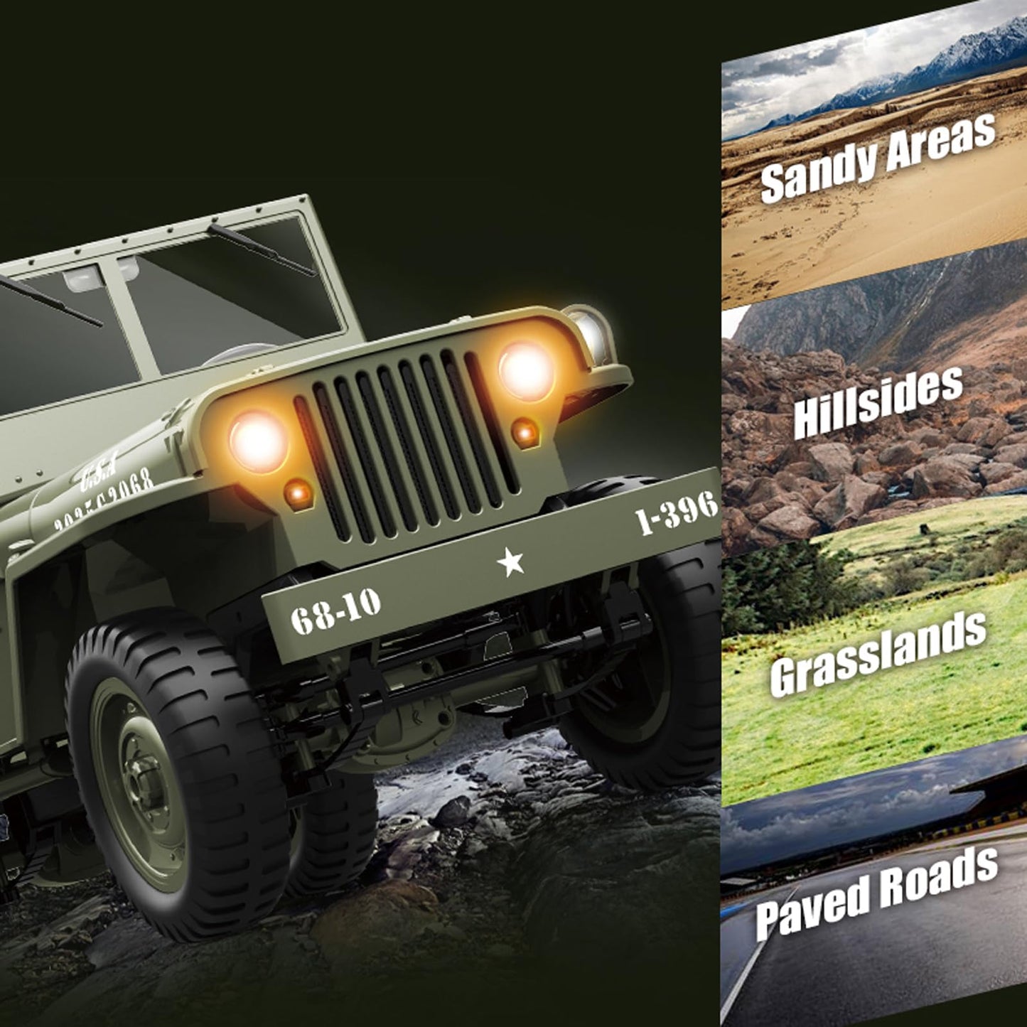 Hylukon RC Crawler, 1:10 Scales Upgraded Willys Military Jeep with Linked Lights Winch & Canvas Cover, 2.4Ghz 4WD Off Road RC Car, All Terrain