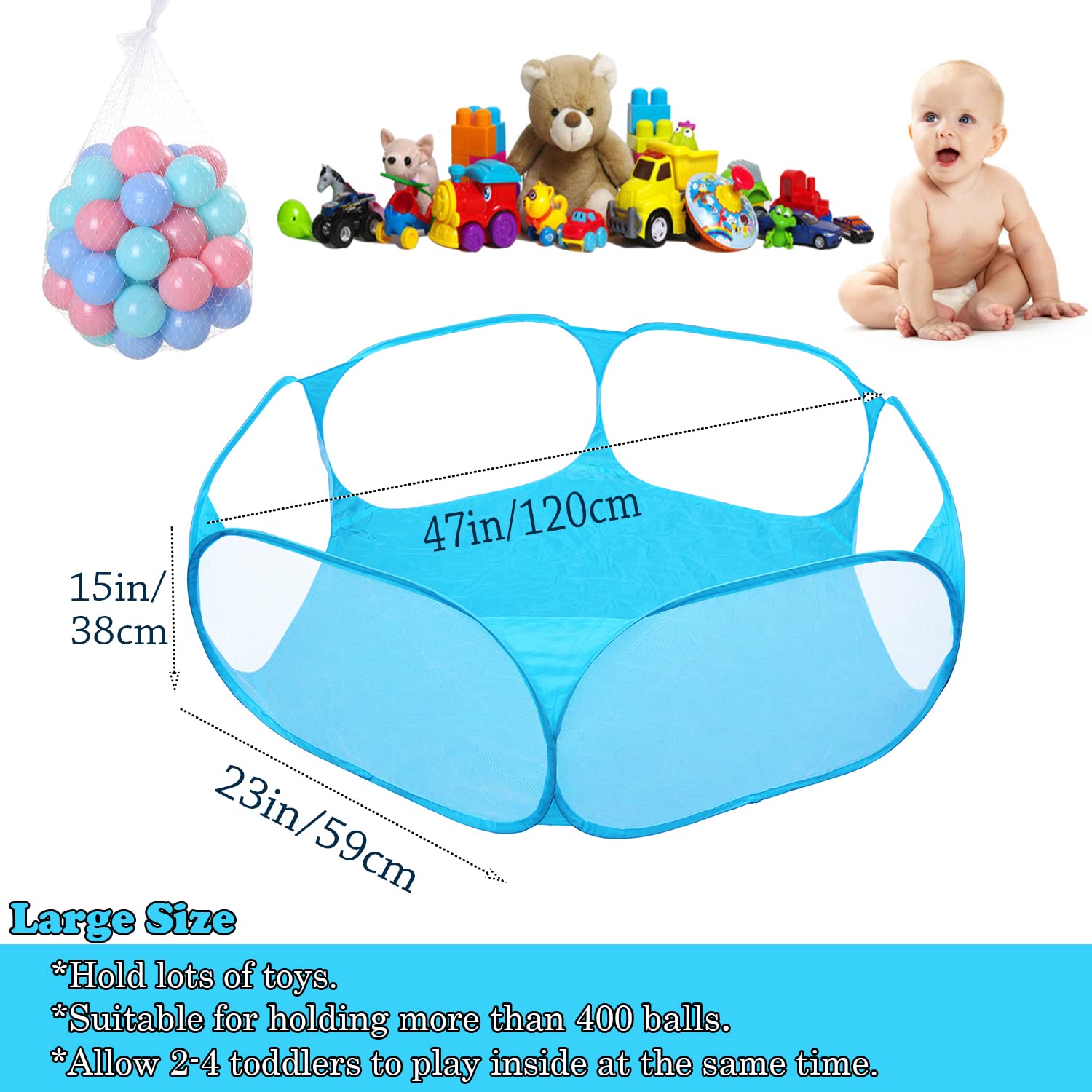 Jacone Portable Cute Blue Hexagon Children Ball Pit, Indoor and Outdoor Easy Folding Ball Play Pool Kids Toy Play Tent with Carry Tote, Balls Not