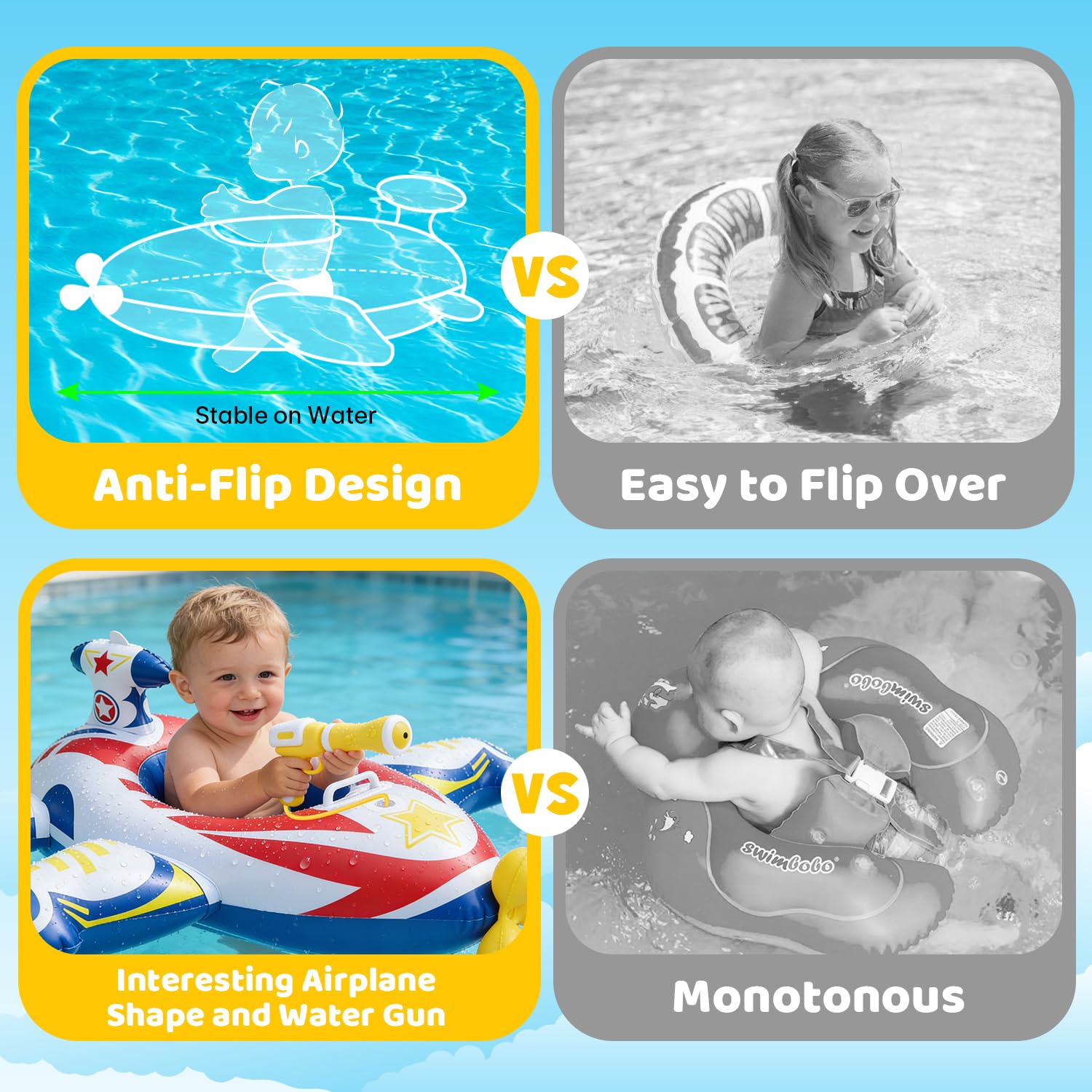 Baby Airplane Pool Float with Handle & Squirt Gun, Baby Swim Float Swimming Pool Float Kids Toddler Floaties Toddler Pool Float Age 1-4 Boys Girls