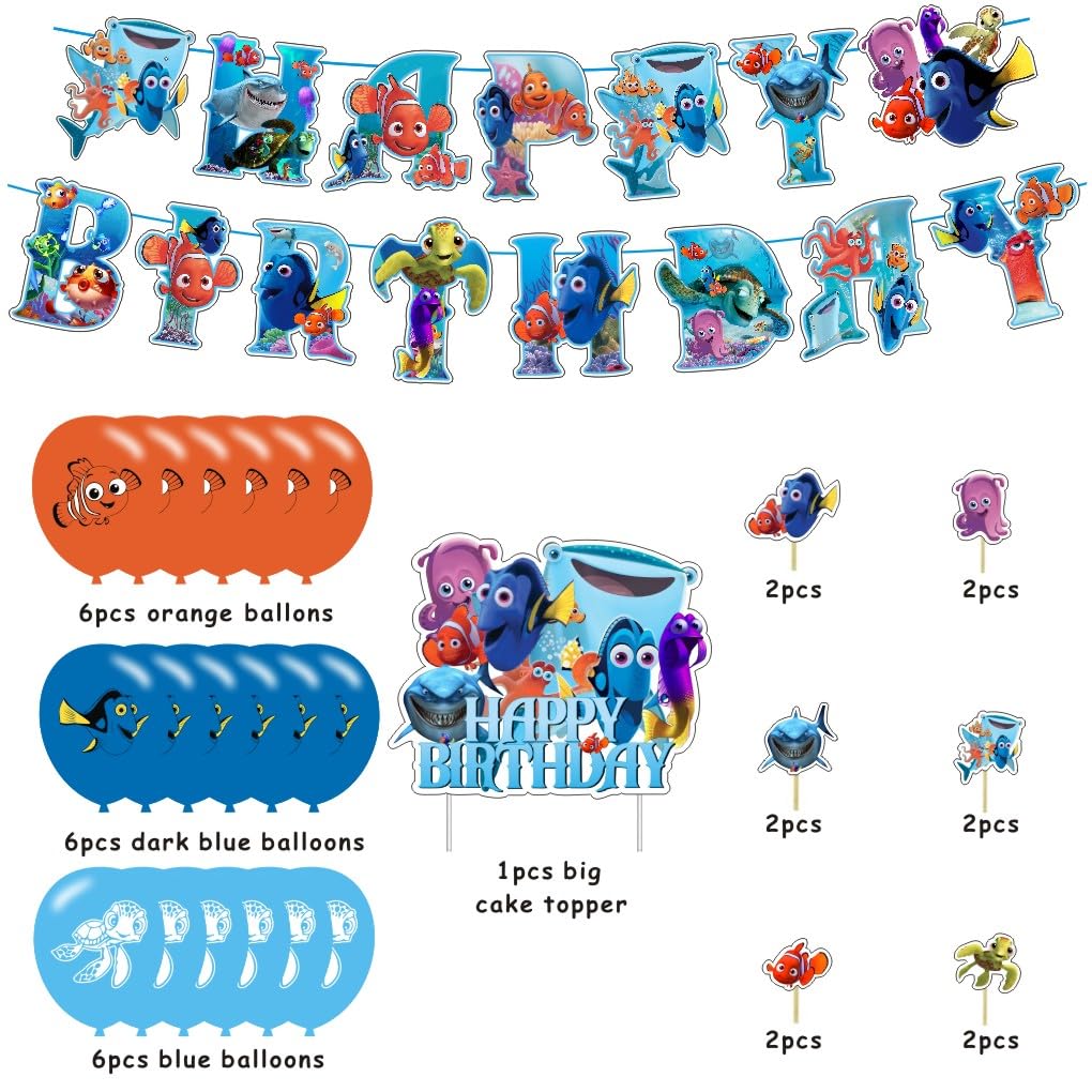 Finding Nemo Birthday Decorations Include Happy Birthday Banner, Cake Topper and Cupcake Toppers, Balloons for Kids Party Supplies
