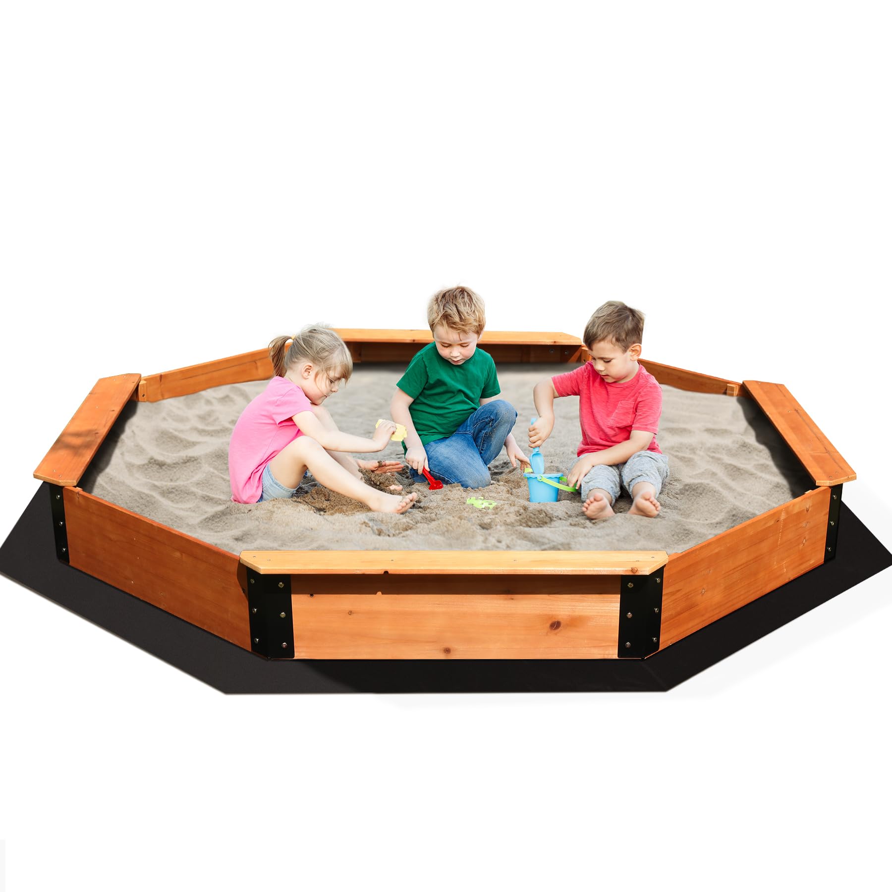 FUNTOK 85''x85''x9'' Octagon Sandbox for Kids, Large Natural Wooden Sandpit with 4 Benches, Bottom Liner, PVC Cover, 198 Lbs Weight Capacity, Sand Box