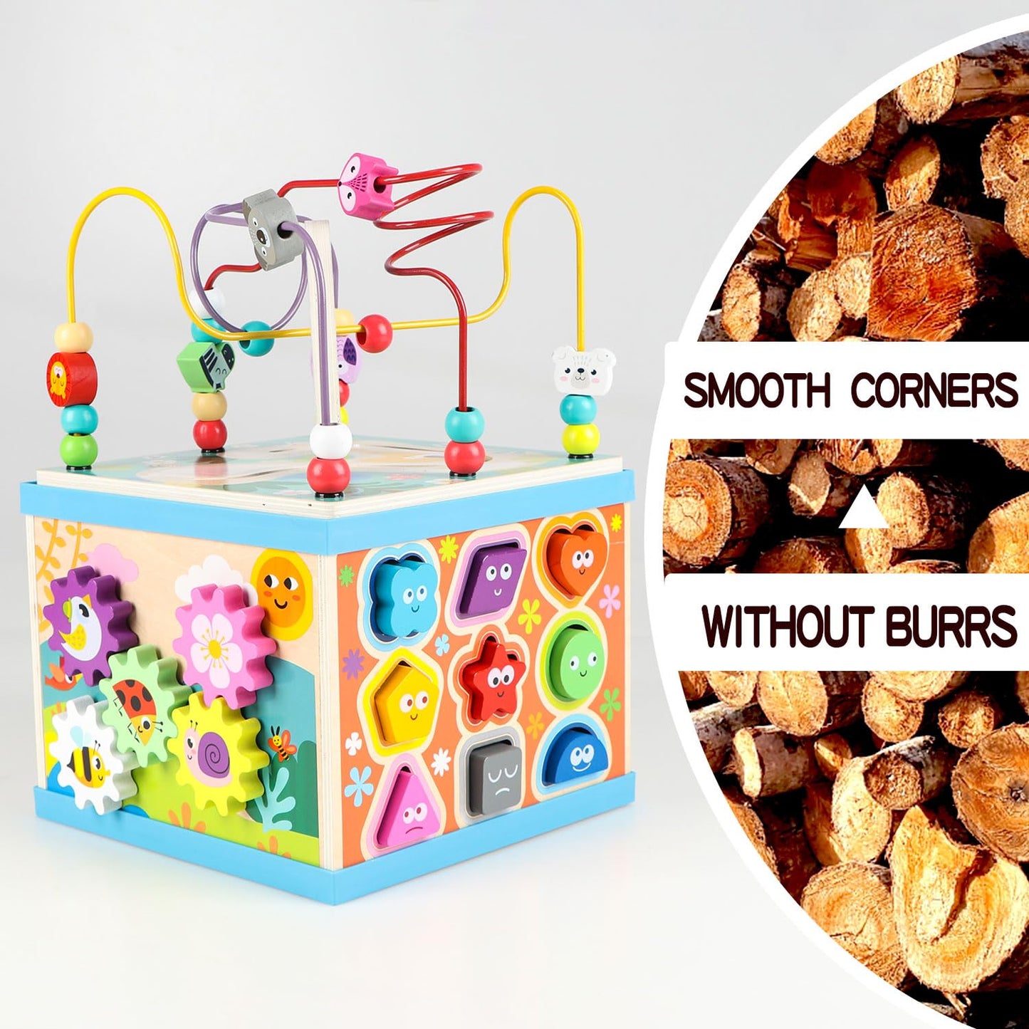 Qilay Wooden Activity Cube for Toddlers, 5 in 1 Multipurpose Abacus Early Educational Montessori Toys, Learning Toys for Kids | Bead Maze, Great
