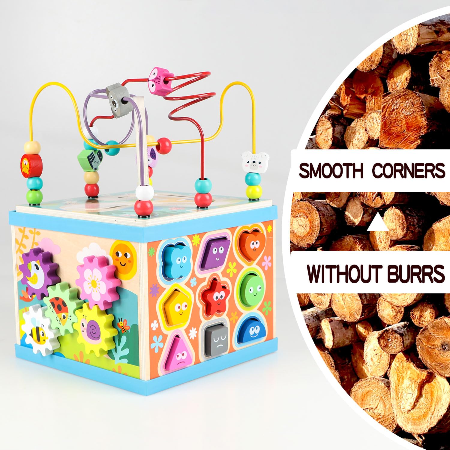 Qilay Wooden Activity Cube for Toddlers, 5 in 1 Multipurpose Abacus Early Educational Montessori Toys, Learning Toys for Kids | Bead Maze, Great