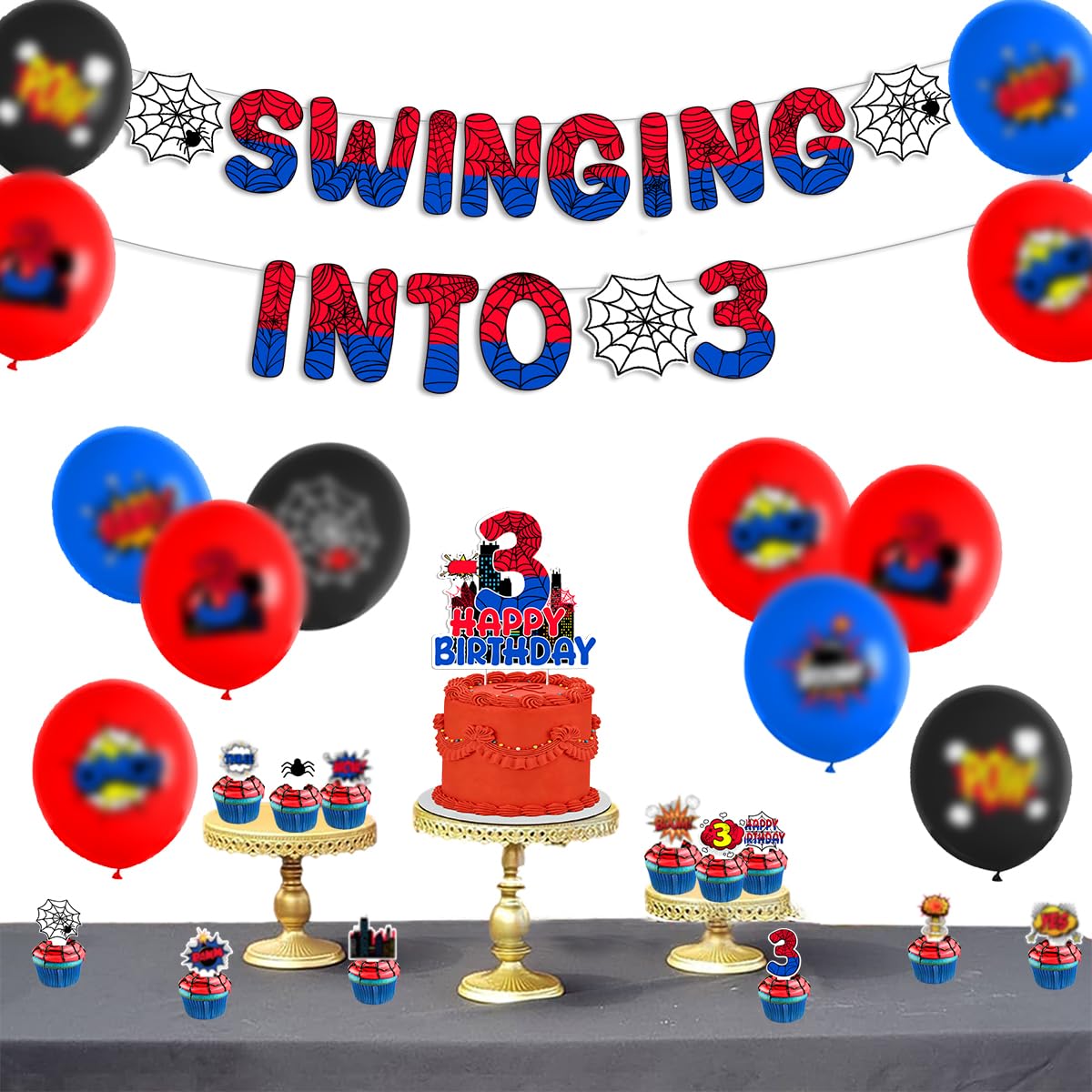 Spider Boy 3rd Birthday Party Supplies, Spider Theme 3rd Birthday Decorations Including Banner Balloons Cake Toppers
