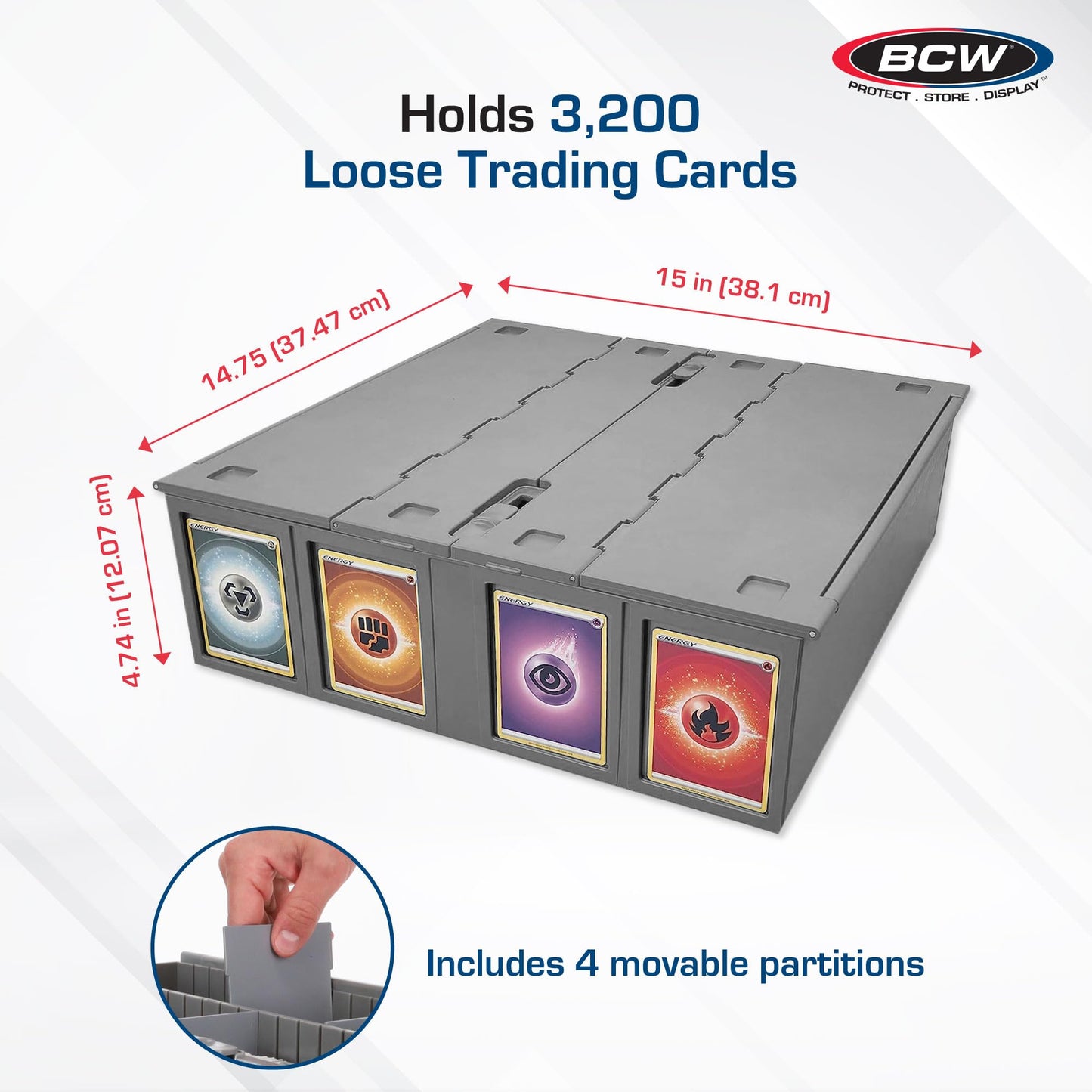 BCW Collectible Card Bin - Single Gray | Storage Box for Trading Cards | Holds 3200 Cards | Includes 4 Card Storage Partitions | Loose Trading Card