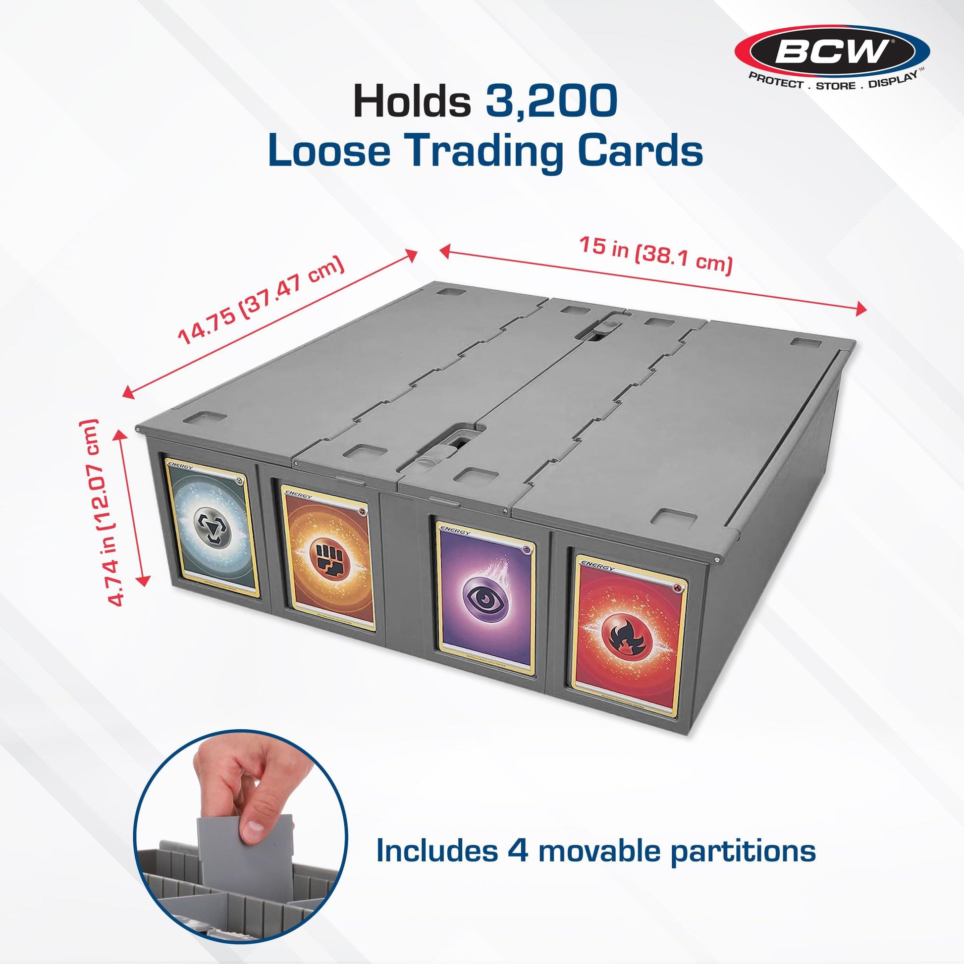 BCW Collectible Card Bin - Single Gray | Storage Box for Trading Cards | Holds 3200 Cards | Includes 4 Card Storage Partitions | Loose Trading Card