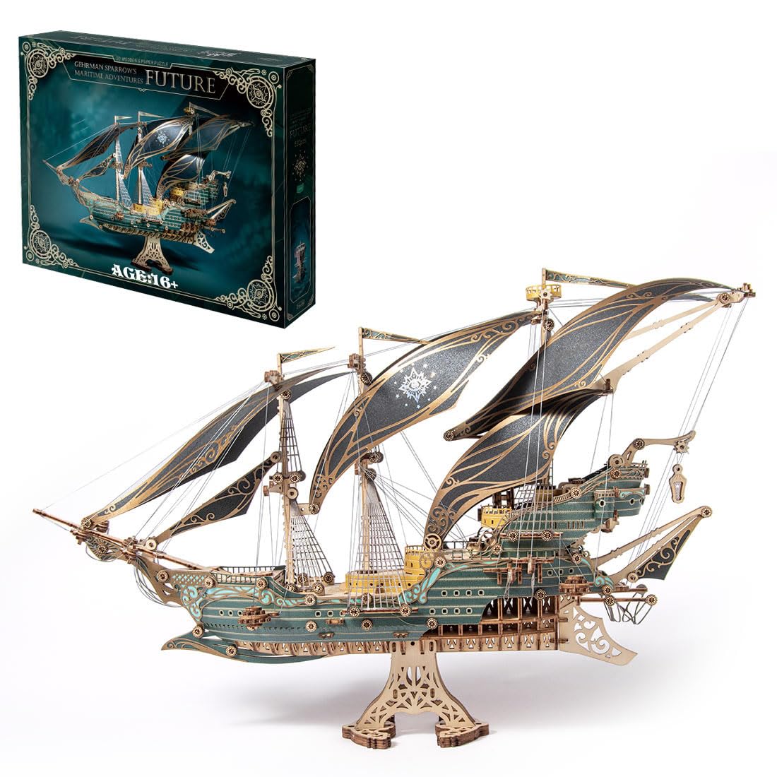 Joponnydiy 3D Wooden Puzzles for Adults, Pirate Ship Model Kit Brain Teaser Puzzles for Adults, DIY Educational Desk Toys Room Decoration (Green)