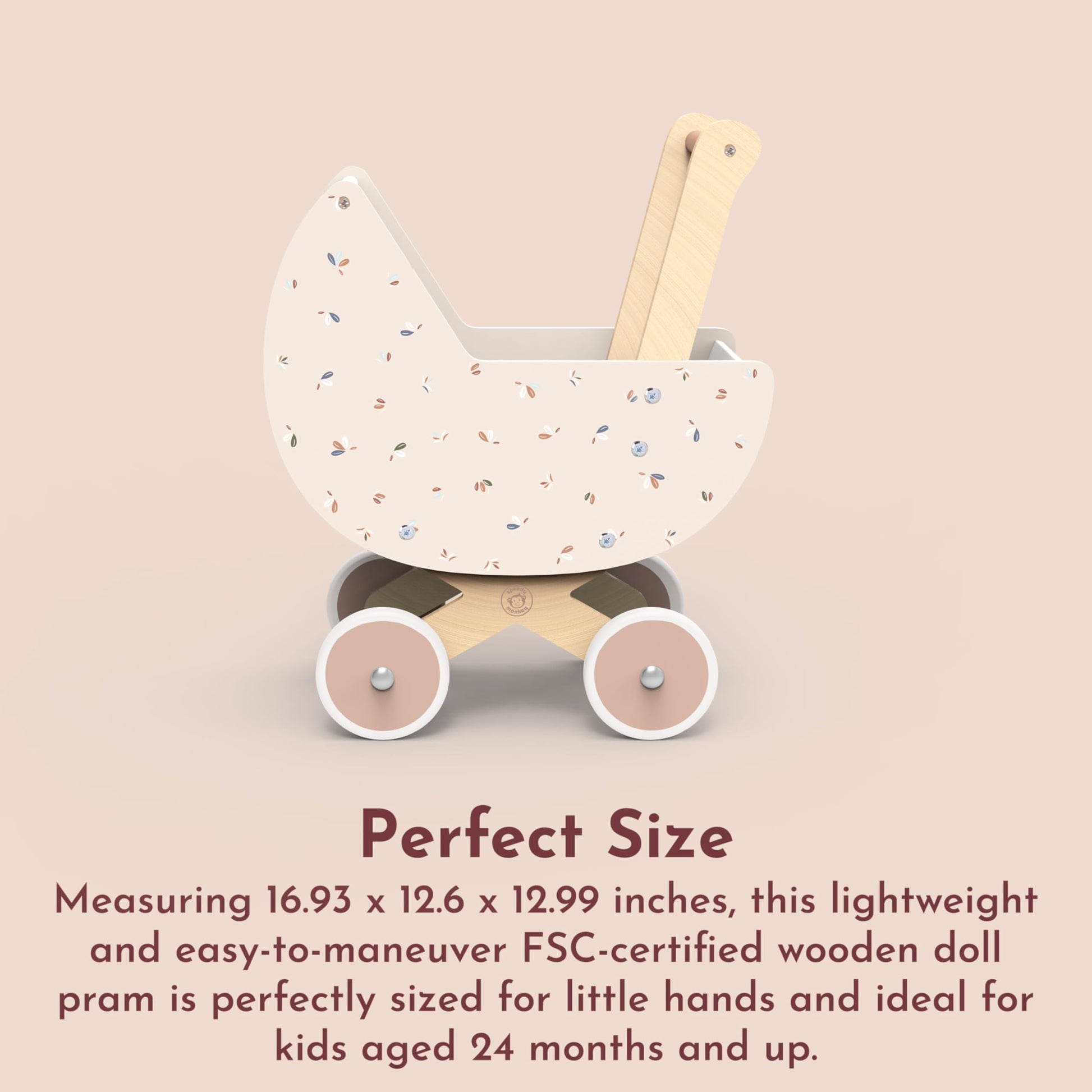 SPEEDY MONKEY Wooden Doll Stroller Pram Pretend Play Push Toy Toddlers