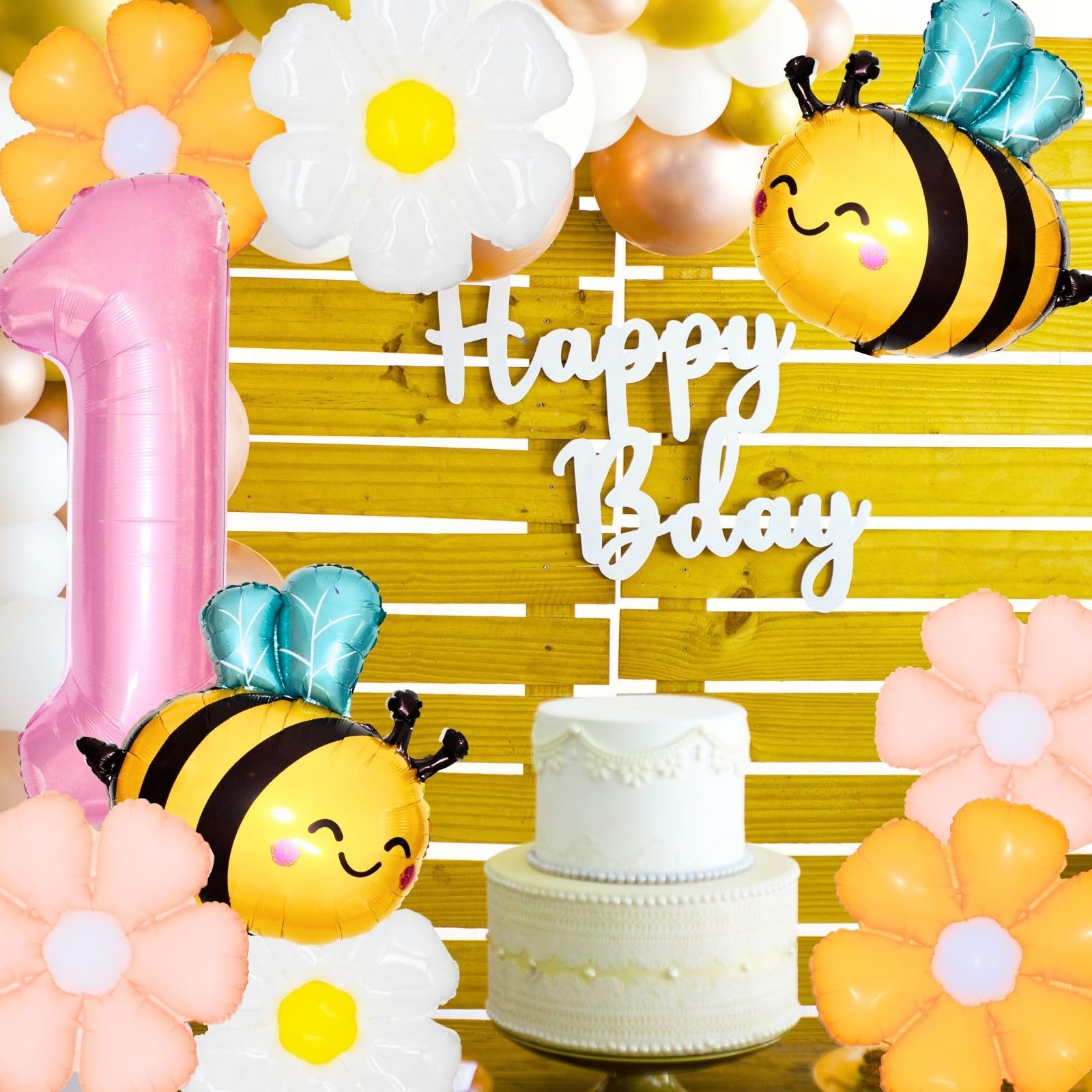 1st Birthday Decorations for Baby Girl, Pink Daisy Flower & Honey Bee Balloon Arch Kit, 40 Inch Number 1 Foil Balloon, Pastel First Birthday Party
