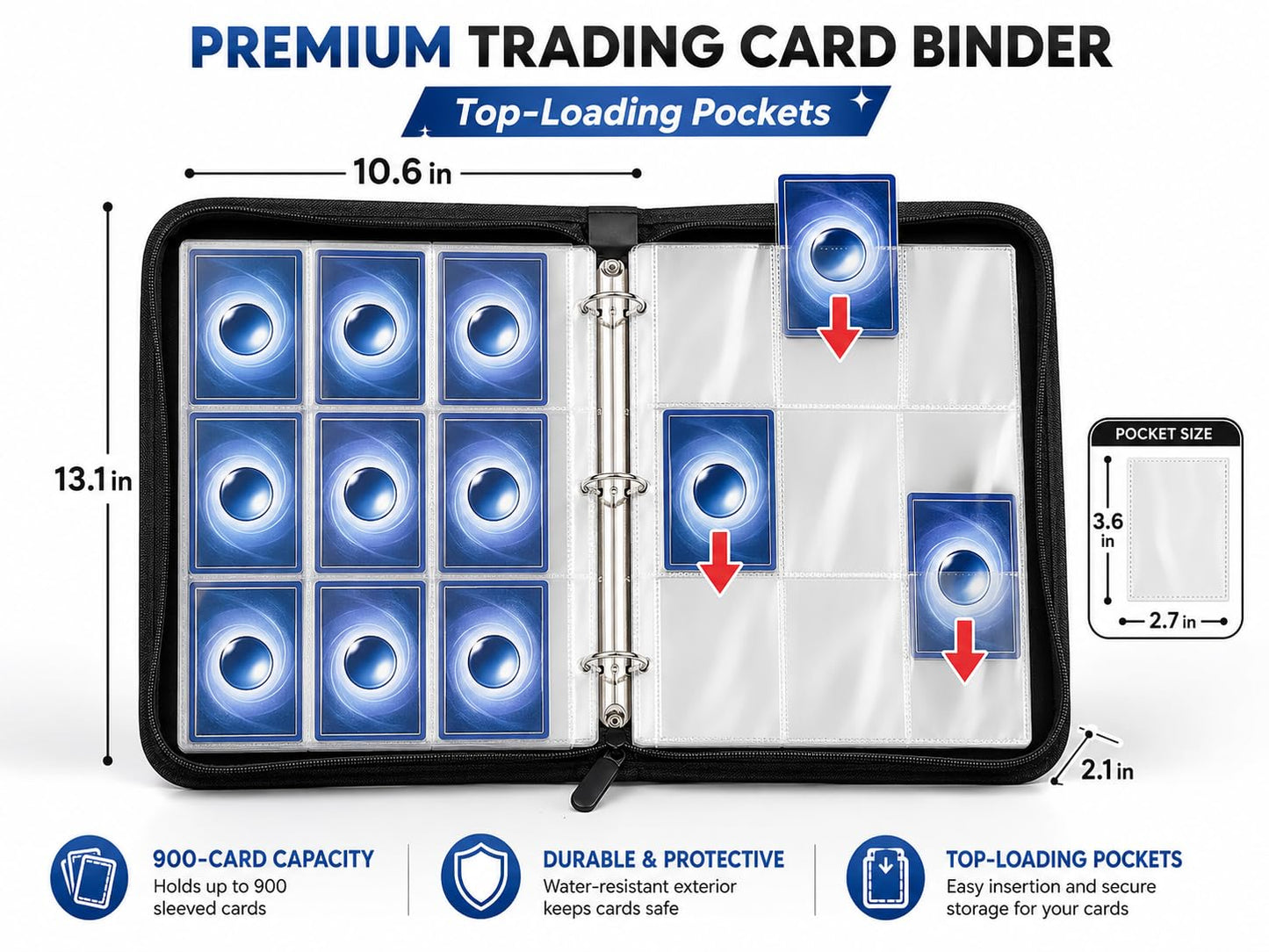 Universal 9-Pocket Trading Card Binder, 50 Pages for 900+ Pokemon Card binder - Eevee Pokedex Gengar Binder for Sports/Game Cards & Collectibles