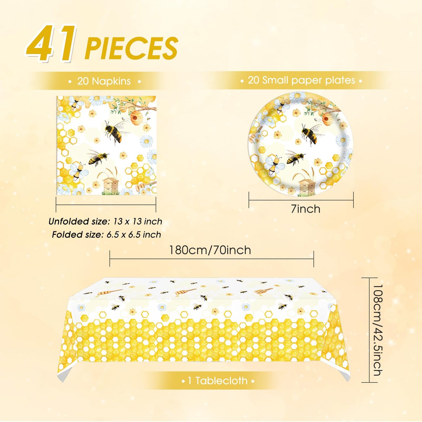 Bee Birthday Party Decorations 41Pcs Bumblebee Themed Tableware Set Include Bee Paper Plates Napkins Tablecloth, for Baby Shower Gender Reveal Kids