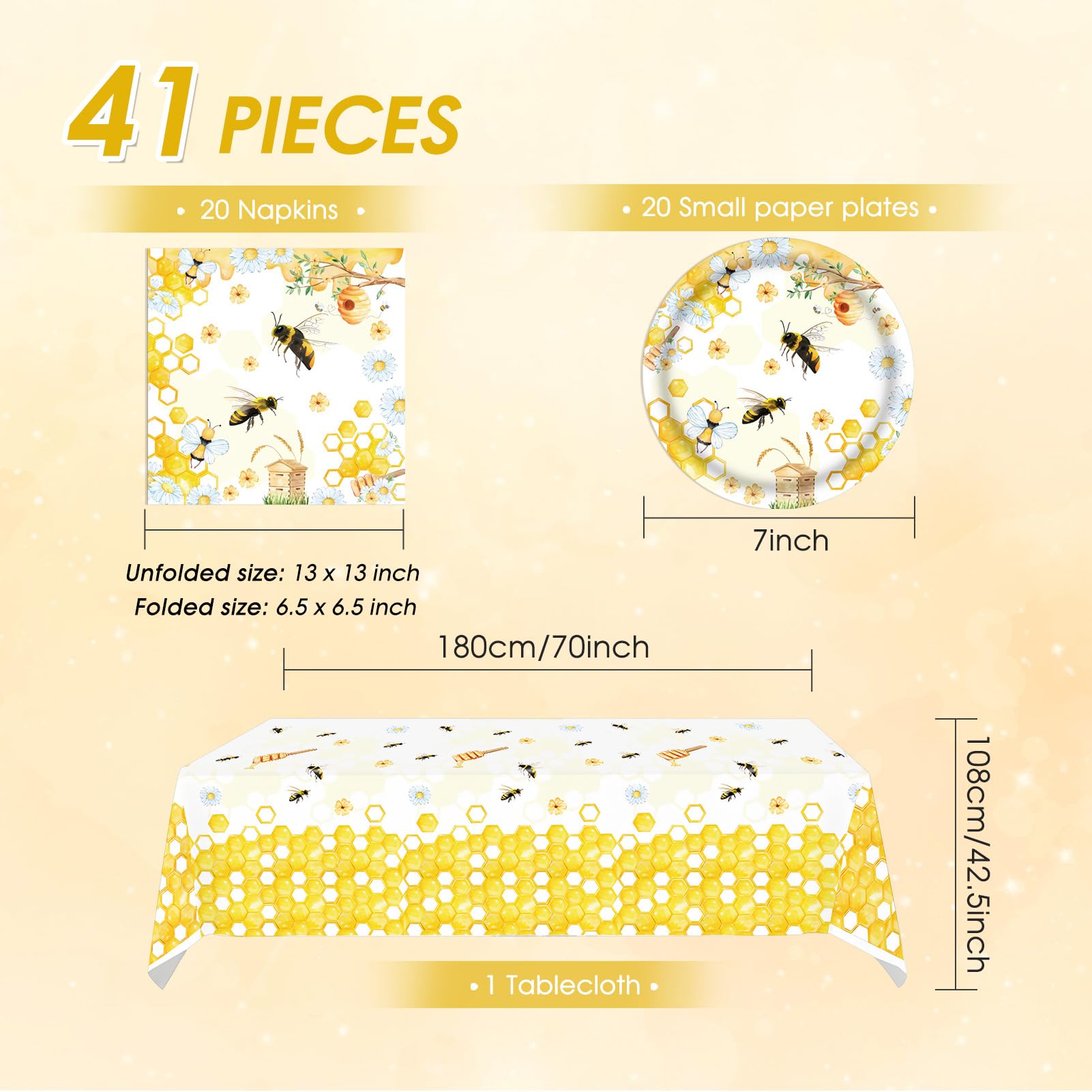 Bee Birthday Party Decorations 41Pcs Bumblebee Themed Tableware Set Include Bee Paper Plates Napkins Tablecloth, for Baby Shower Gender Reveal Kids