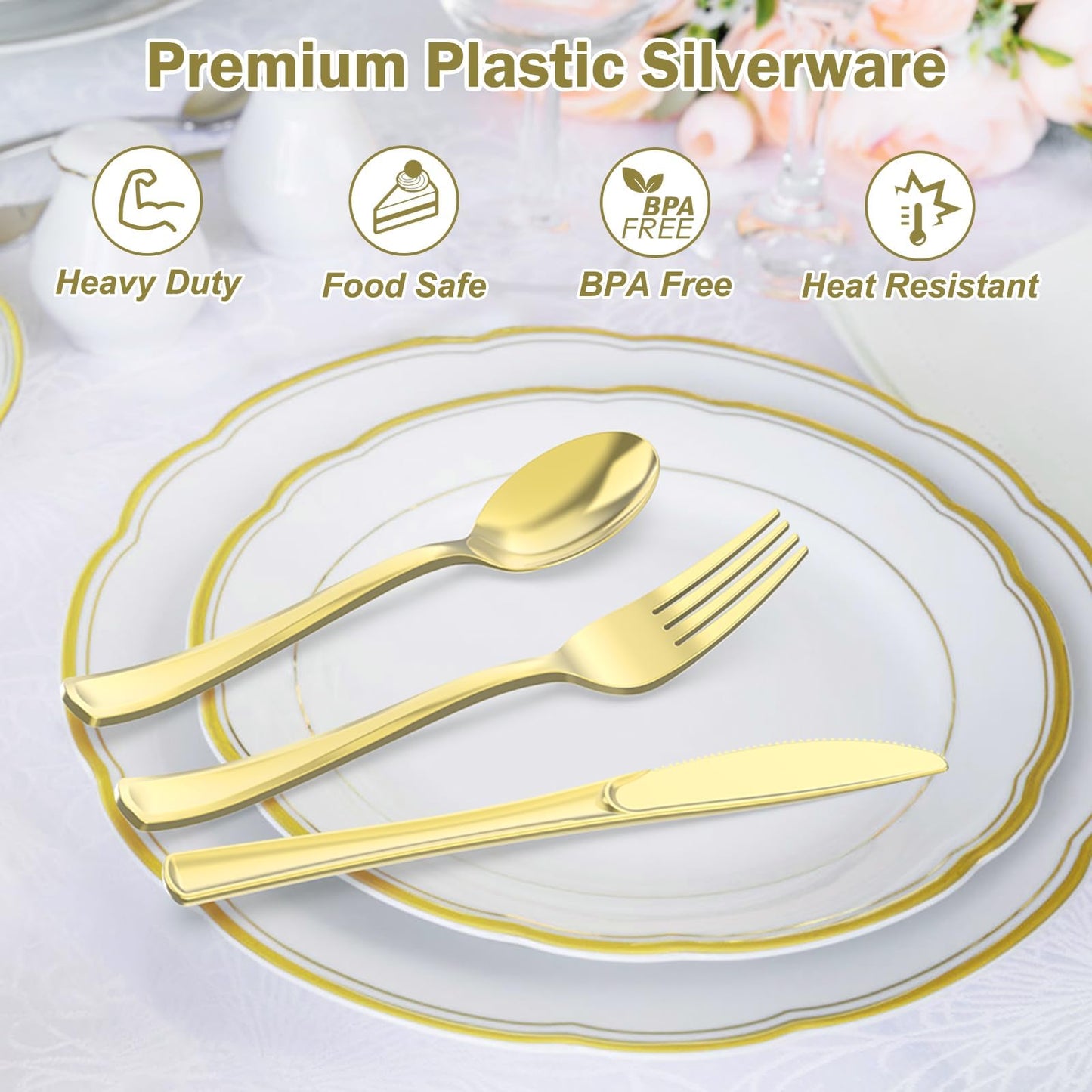 Dealusy 200 Count Heavy Duty Gold Plastic Silverware, 100 Forks, 50 Spoons, 50 Knives, BPA-Free, Heat Resistant, Disposable Plastic Utensils Set