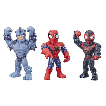 Playskool Heroes Mega Mighties Marvel Super Hero Adventures Web Warriors 3 Pack, Spider-Man, Kid Arachnid, Marvel’s Rhino, 10" Figures, Kids Ages 3