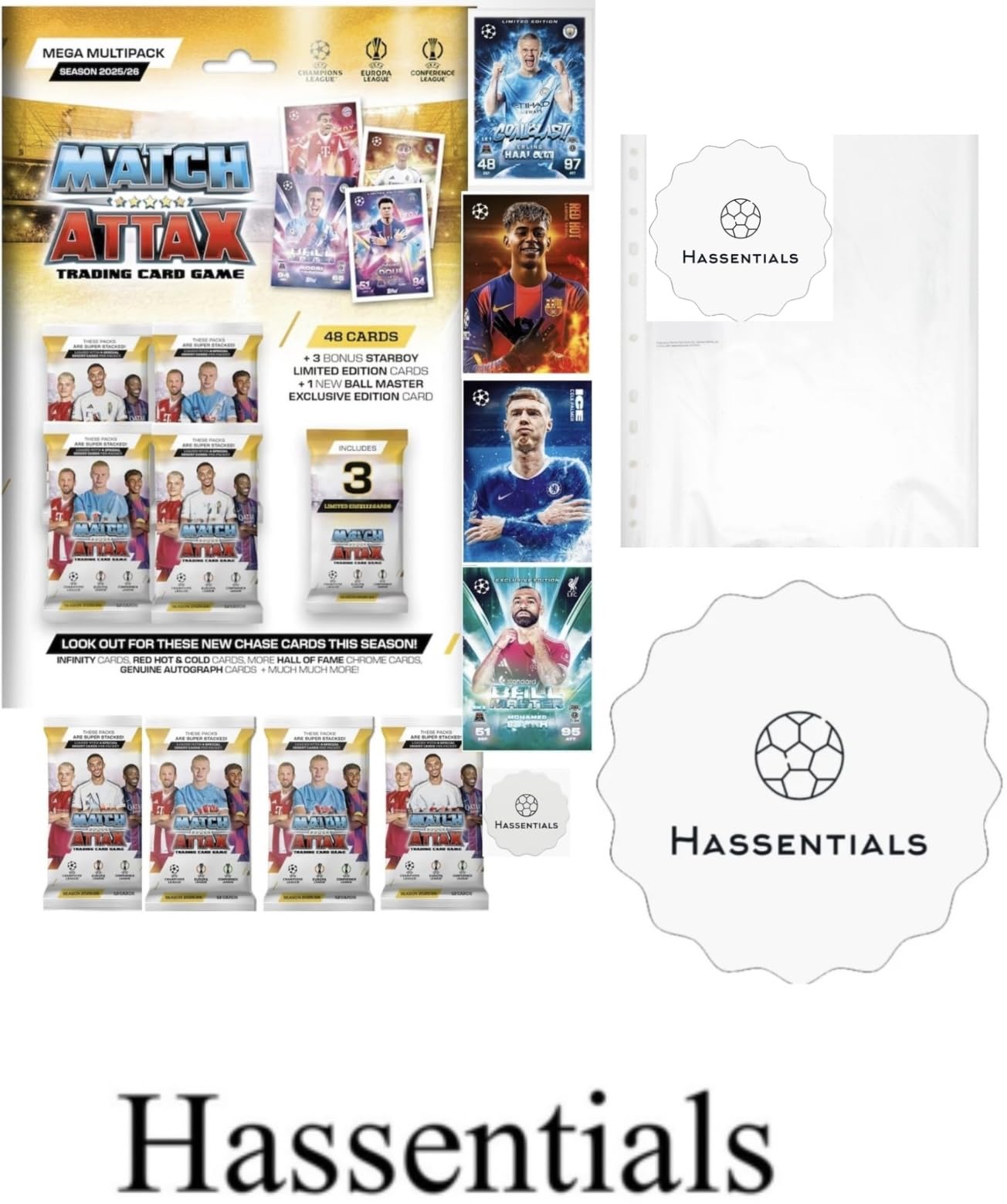 Match Attax New Mega Multipack 25/26 Soccer Cards Includes 48 Cards + 3 LE Cards + Bundle with Hassentials Sticker, 2026 Soccer Cards