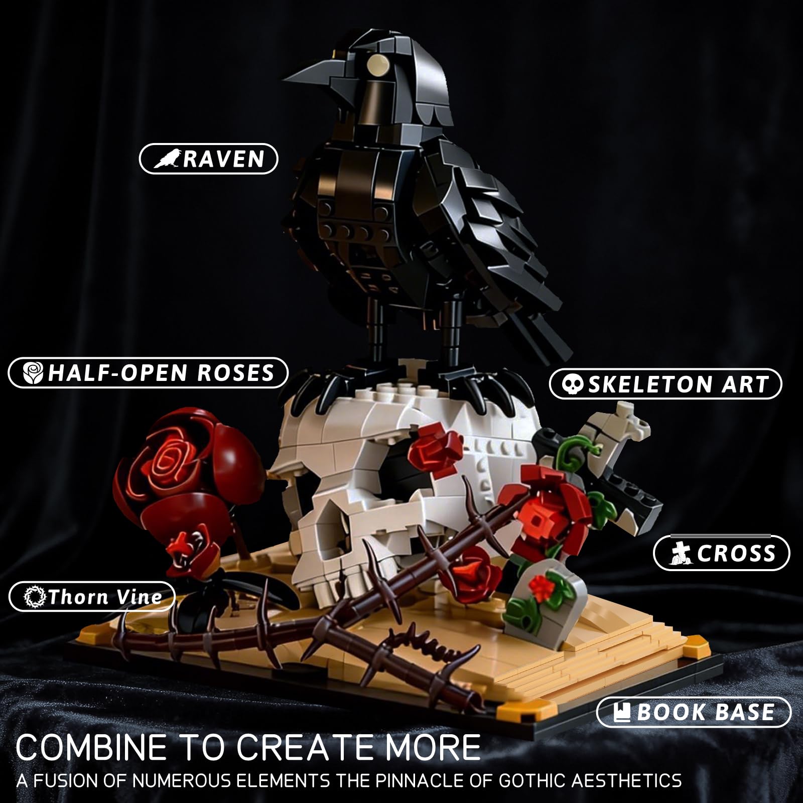 Gothic Raven & Skull Art Building Set, Skull Decor Features Ravens, Skulls, Roses, Crosses, and Books - Eye-Catching Table Centerpiece, Halloween or