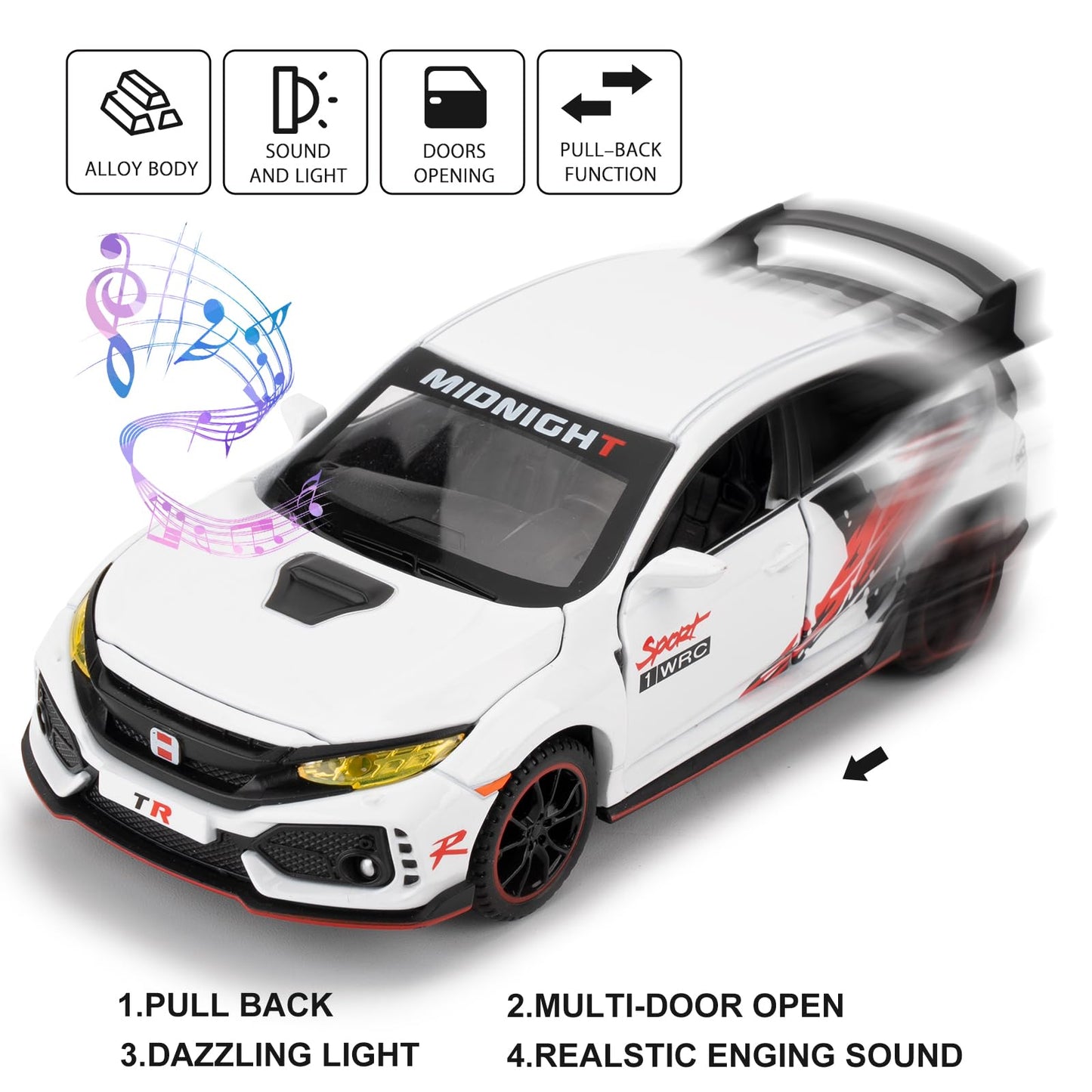 WAKAKAC Diecast Car 1/32 for Type-R Model Car Pull Back Toy Car with Light and Sound Model Vehicles for Boys Girls Gift(White)