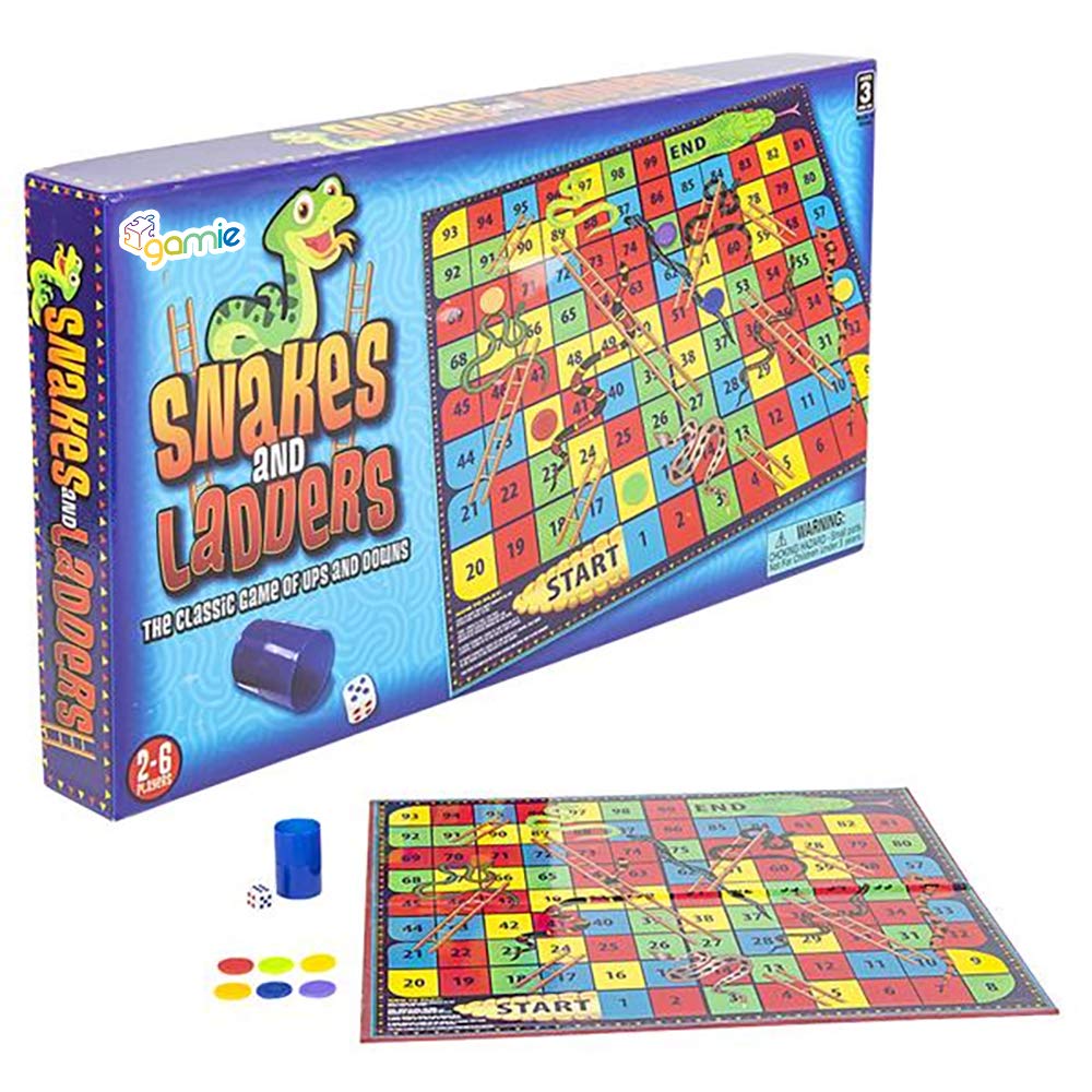 Gamie Snakes and Ladders Board Game for Kids, Complete Set with Board, 6 Pegs, and Dice, Classic Fun for Family Game Night and Classroom, Best