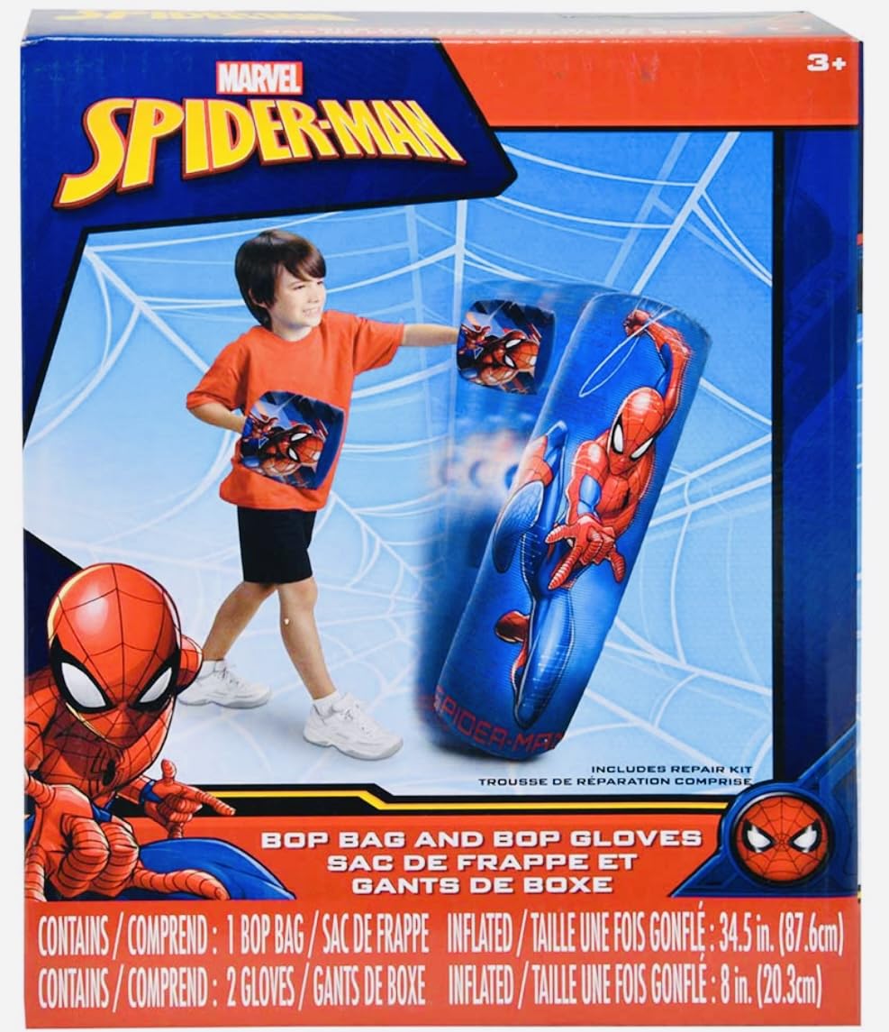Spiderman Spider-Man Inflatable Bop Bag & Bop Gloves Set Kids Punching Bag with Gloves, Freestanding Superhero Blow Up Bouncing Boxing Bag