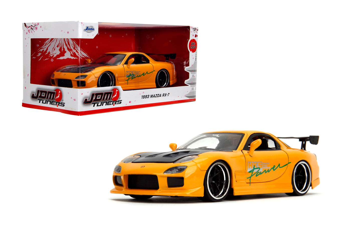 Jada Toys JDM Tuners 1:24 Scale Die-Cast 1993 Mazda RX-7 (FD) HKS, Opening Doors, Detailed Interior, Rubber Tires, Collectible for Ages 8+(Yellow