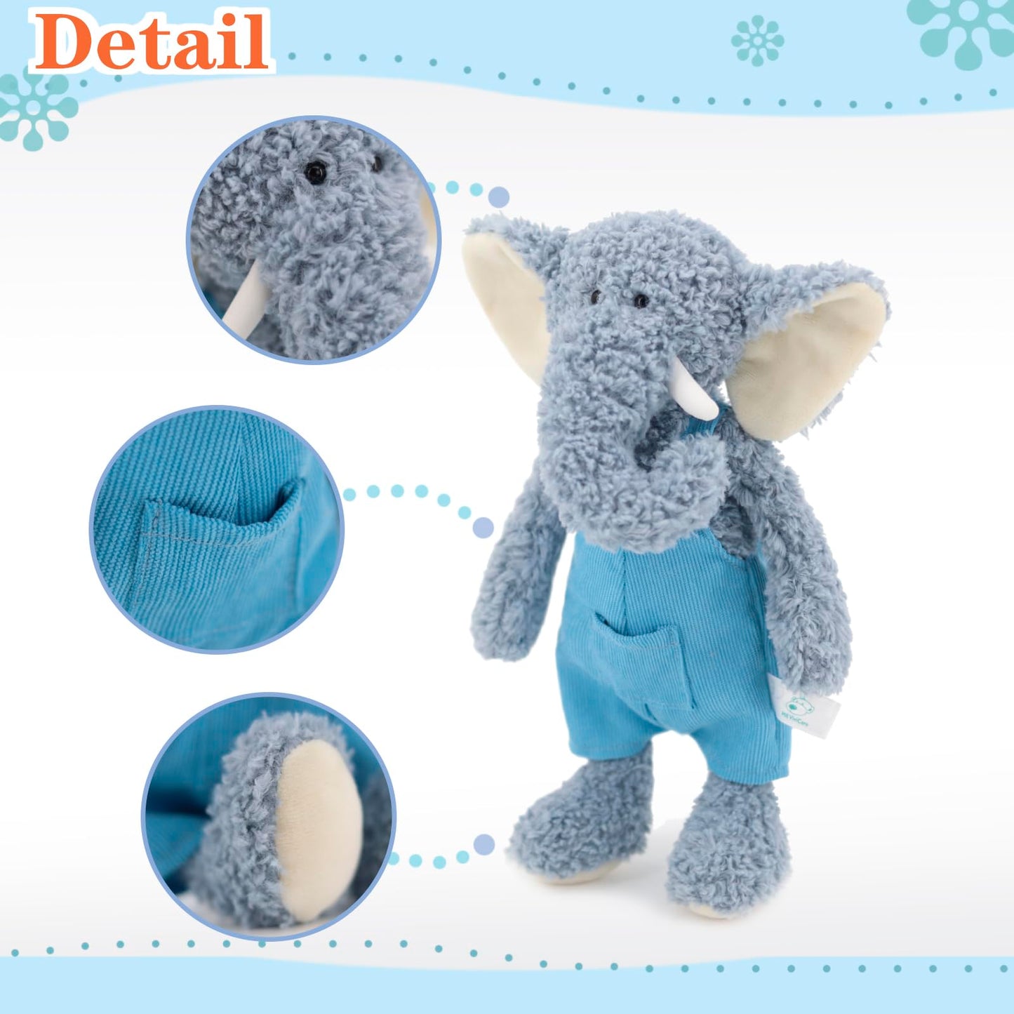 MR ViviCare 16" Soft Blue Elephant Stuffed Animals for Boys and Girls,Cuddly Knitted Dressed Stuffed Elephant Plush Toys for Newborn Babies