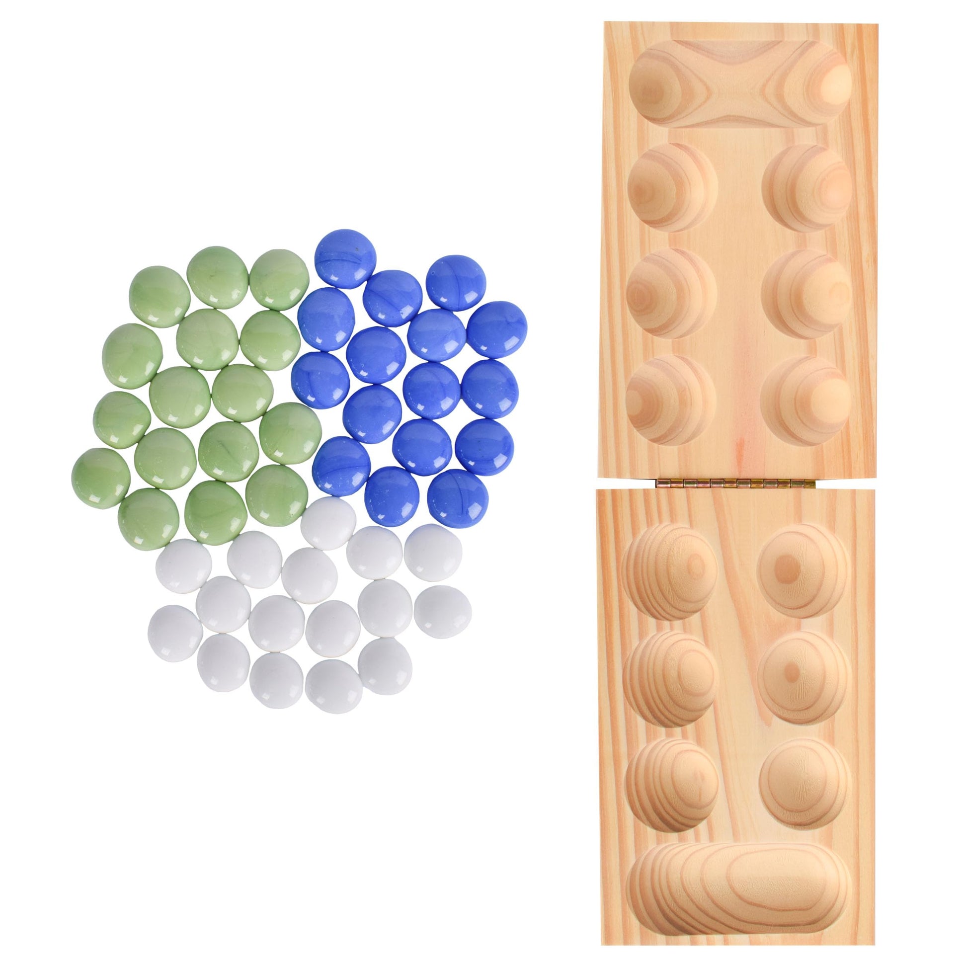 Elbow Room Games Mancala Set, Folding Wooden Board with 48 Glass Stones in Blue, Green, and White, Portable Travel Design, Classic Strategy Game for 2