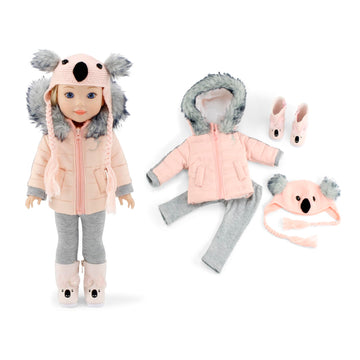Emily Rose 14 Inch Doll Koala Outfit 4-PC Winter Clothes Set | Furry Coat Hat Boots Leggings | Compatible with Glitter Girls and Wellie Wishers Dolls