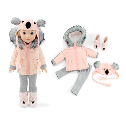 Emily Rose 14 Inch Doll Koala Outfit 4-PC Winter Clothes Set | Furry Coat Hat Boots Leggings | Compatible with Glitter Girls and Wellie Wishers Dolls