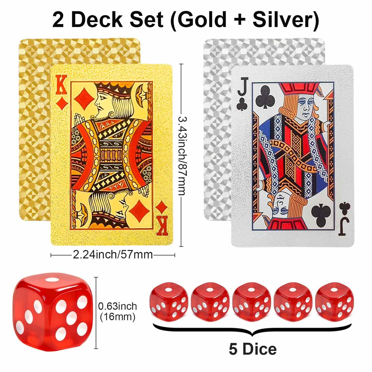 JWENUPDE Waterproof Playing Cards 2 Pack Set (Gold + Silver), Premium PET+PVC Plastic Poker Cards, Diamond-Textured, Durable & Luxury Design