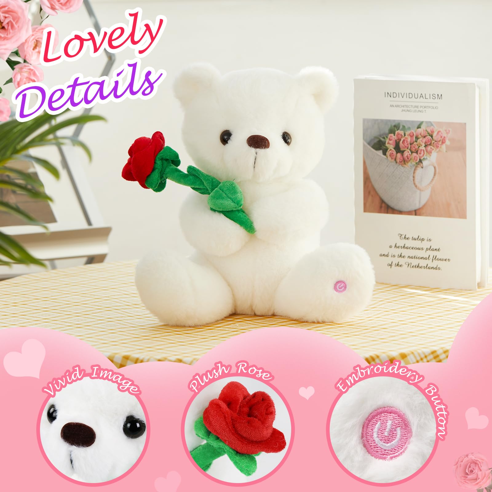 Houwsbaby Glow Teddy Bear with Rose White Bear Stuffed Animal Soft Light Up Plush Toy LED Night Lights Birthday Christmas for Kids Toddler