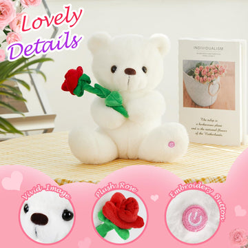 Houwsbaby Glow Teddy Bear with Rose White Bear Stuffed Animal Soft Light Up Plush Toy LED Night Lights Birthday Christmas for Kids Toddler