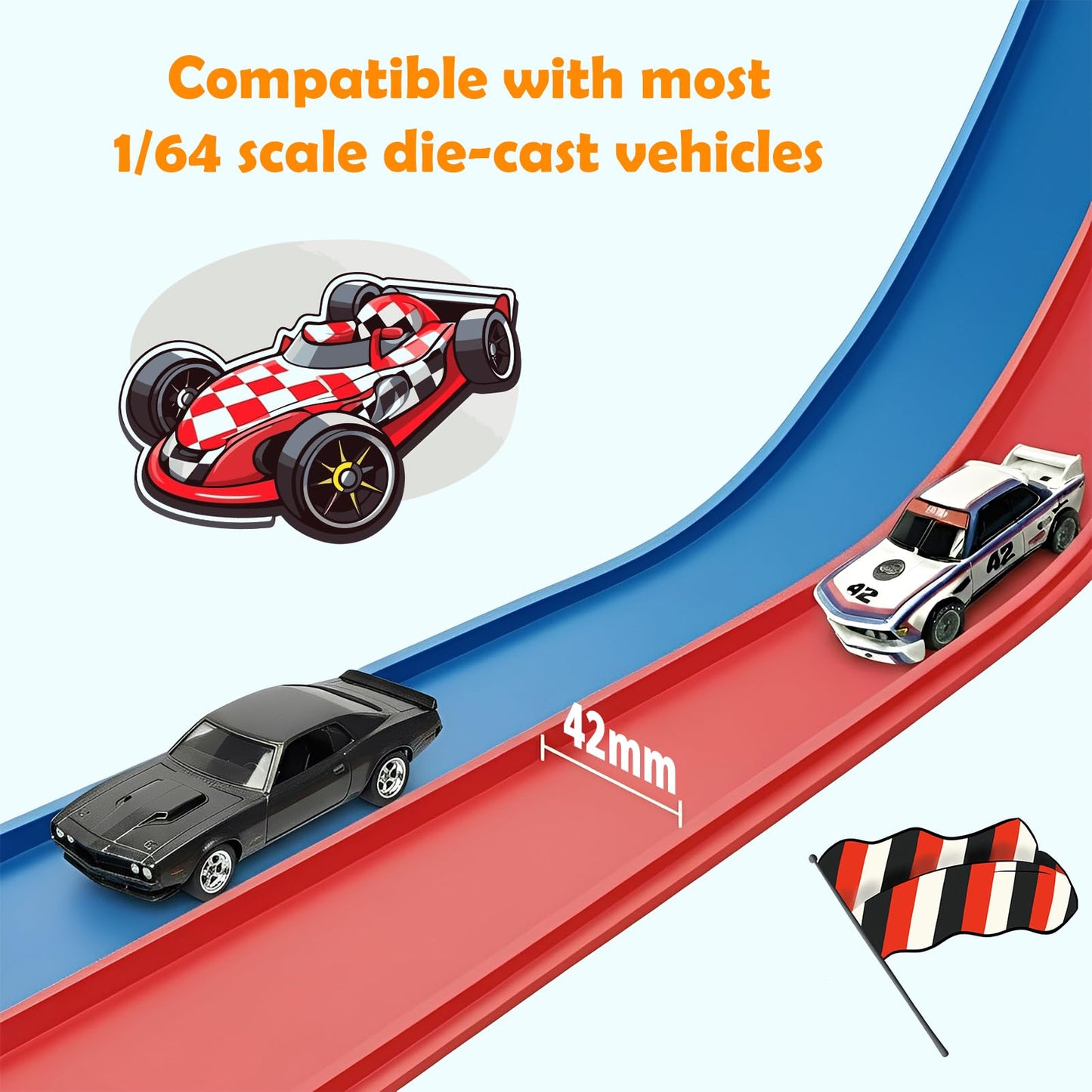 15 Ft Flexible Race Track for Kids 3+, Certified Safe Flex Race Car Ramp with Two 1/64 Diecast Cars - Starter Set, Portable Roll-Up Racetrack