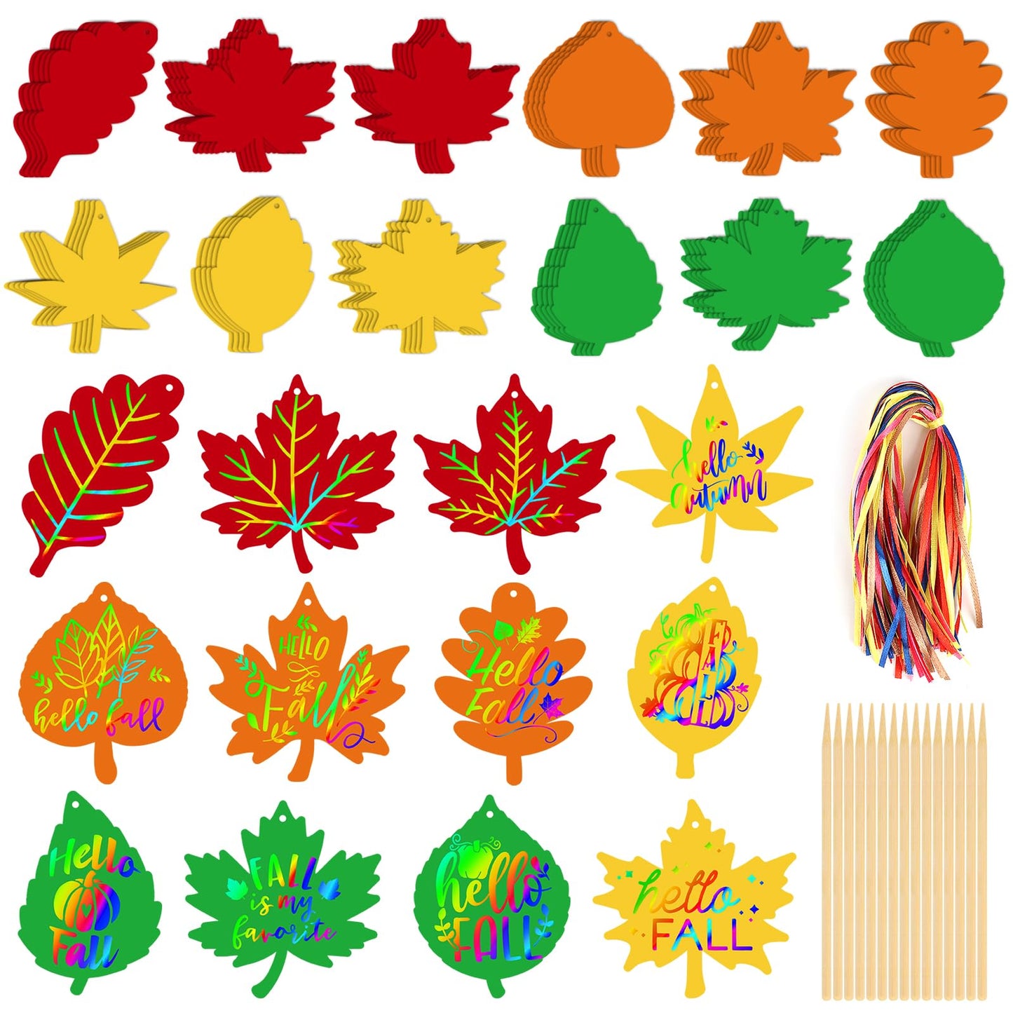 Sealmic 60 Packs Fall Scratch Art Harvest Rainbow Scratch Paper Art Set Thanksgiving Arts and Crafts Colorful Fall Leaves with Colored Ribbons Wooden