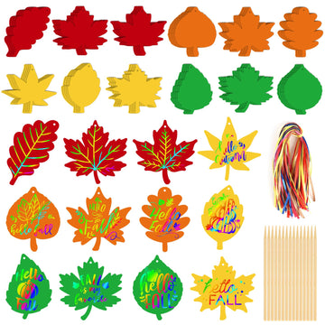 Sealmic 60 Packs Fall Scratch Art Harvest Rainbow Scratch Paper Art Set Thanksgiving Arts and Crafts Colorful Fall Leaves with Colored Ribbons Wooden