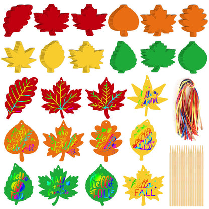 Sealmic 60 Packs Fall Scratch Art Harvest Rainbow Scratch Paper Art Set Thanksgiving Arts and Crafts Colorful Fall Leaves with Colored Ribbons Wooden