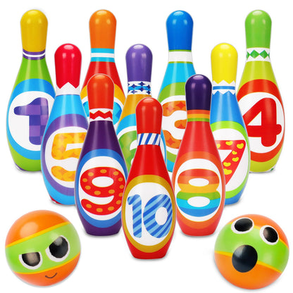 AugToy Kids Bowling Toy Set, Toddler Indoor Outdoor Activity Play Game Toys for Boy Girl, Soft 10 Foam Bowling Pins & 2 Balls, Educational Children