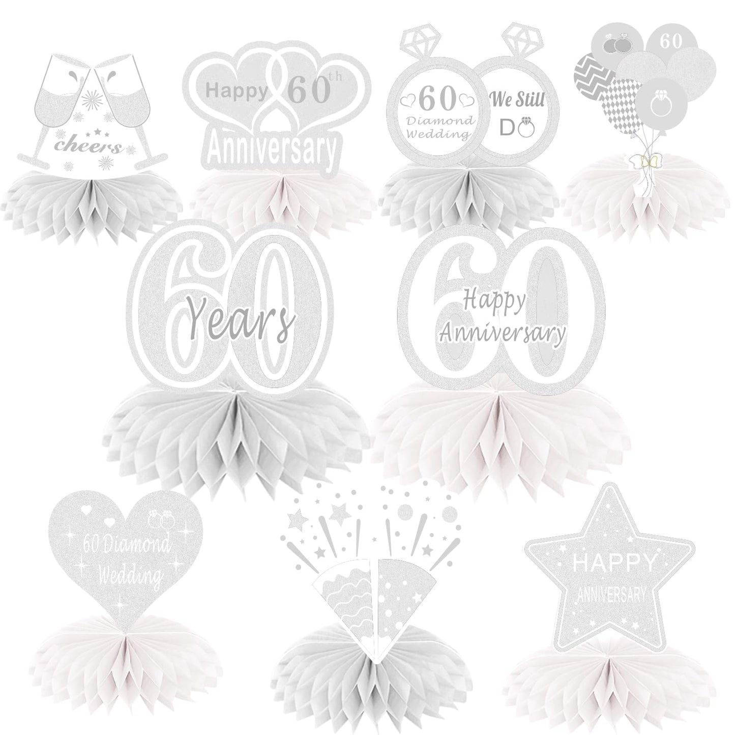 9Pcs Happy 60th Diamond Wedding Anniversary Honeycomb Centerpieces Decorations Silver 60 Anniversary Tale Party Supplies Romantic Cheer to 60 Years