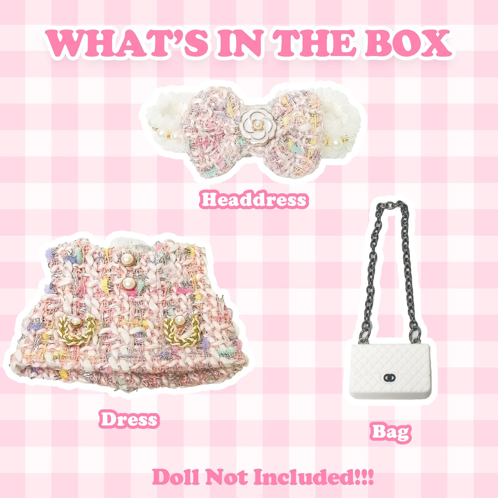 Clothes Compatible with Labubu Doll,Labubu Outfit Set - Pink Dress + Bow Headband + White Shoulder Bag for Labubu Dolls, Stylish Accessories for 17cm