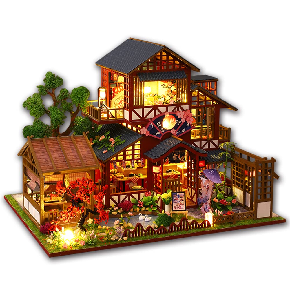 Yuzhen DIY Miniature Dollhouse with Furniture and LED Lights, Japanese Style Wooden Mini-Restaurant Includes Dustcover and Music Movement, Exquisite