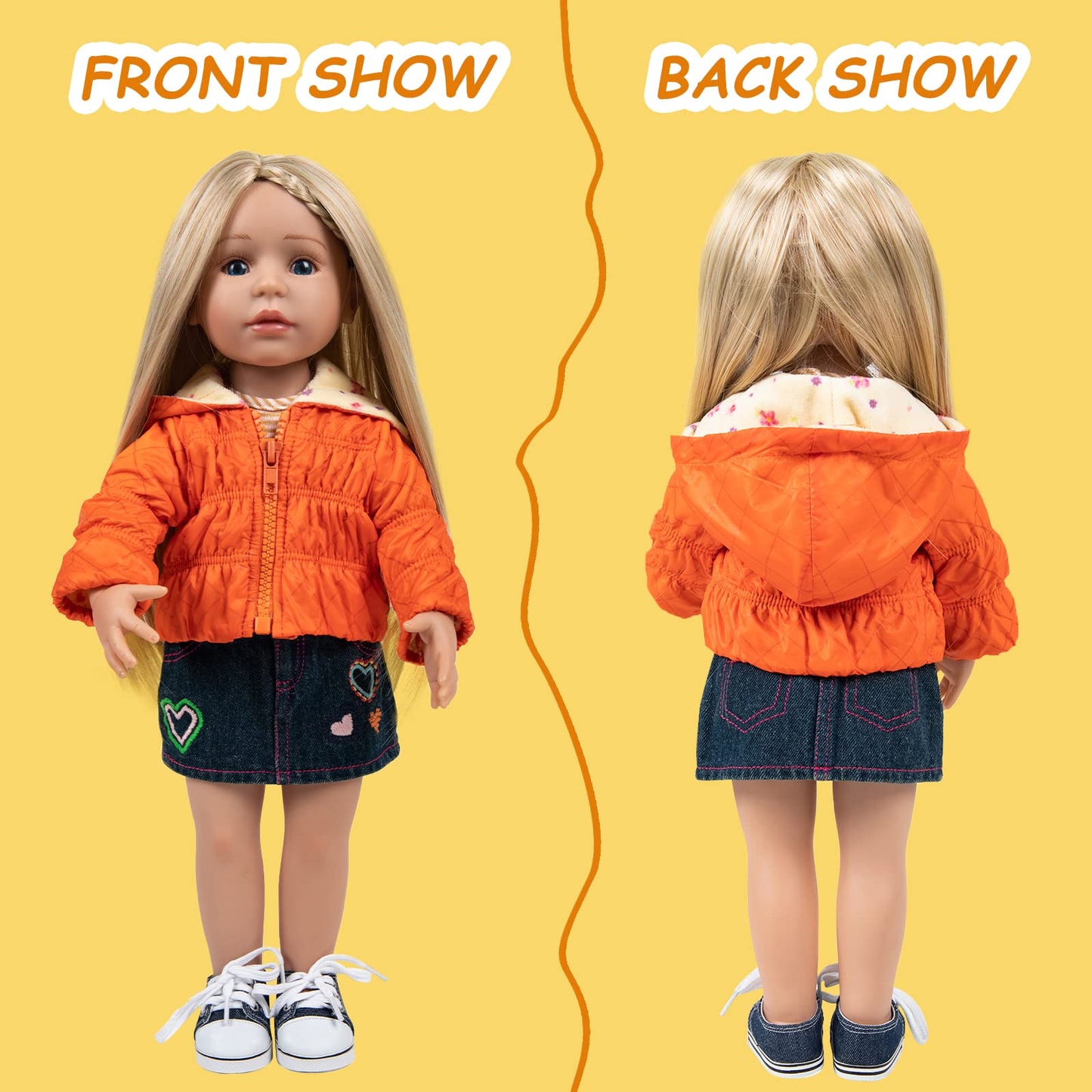 Rakki Dolli Doll Clothes Set Fashion 4 Pieces Includes Warm Hooded Coat, T-Shirt, Jeans Skirt & Underpants, Handmade Party Dress Casual Wear Fits 18