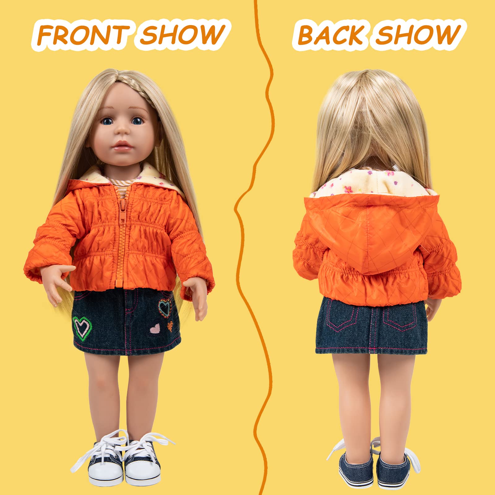 Rakki Dolli Doll Clothes Set Fashion 4 Pieces Includes Warm Hooded Coat, T-Shirt, Jeans Skirt & Underpants, Handmade Party Dress Casual Wear Fits 18