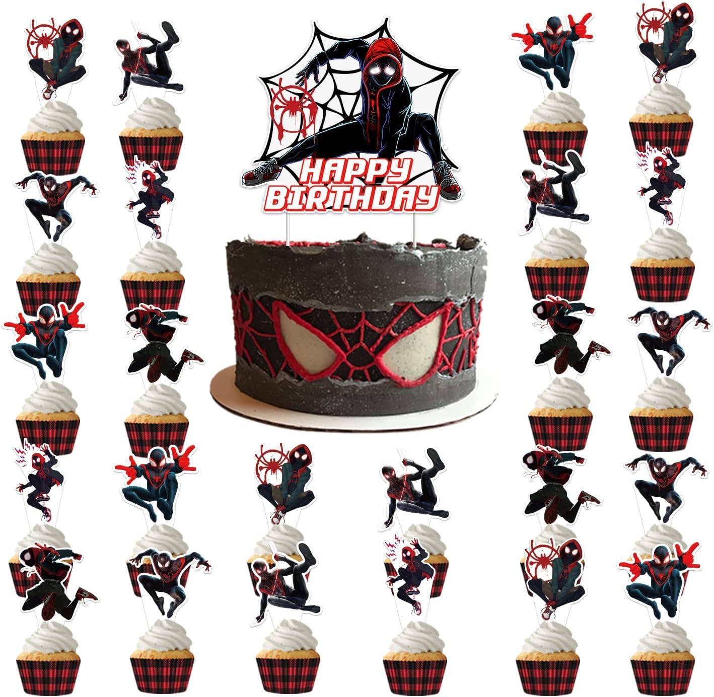 Ddajksq 25Pcs Miles Morales Party Cake Decorations, Spider Birthday Cake Cupcake Toppers for Spidey Party Supplies