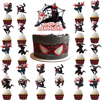 Ddajksq 25Pcs Miles Morales Party Cake Decorations, Spider Birthday Cake Cupcake Toppers for Spidey Party Supplies