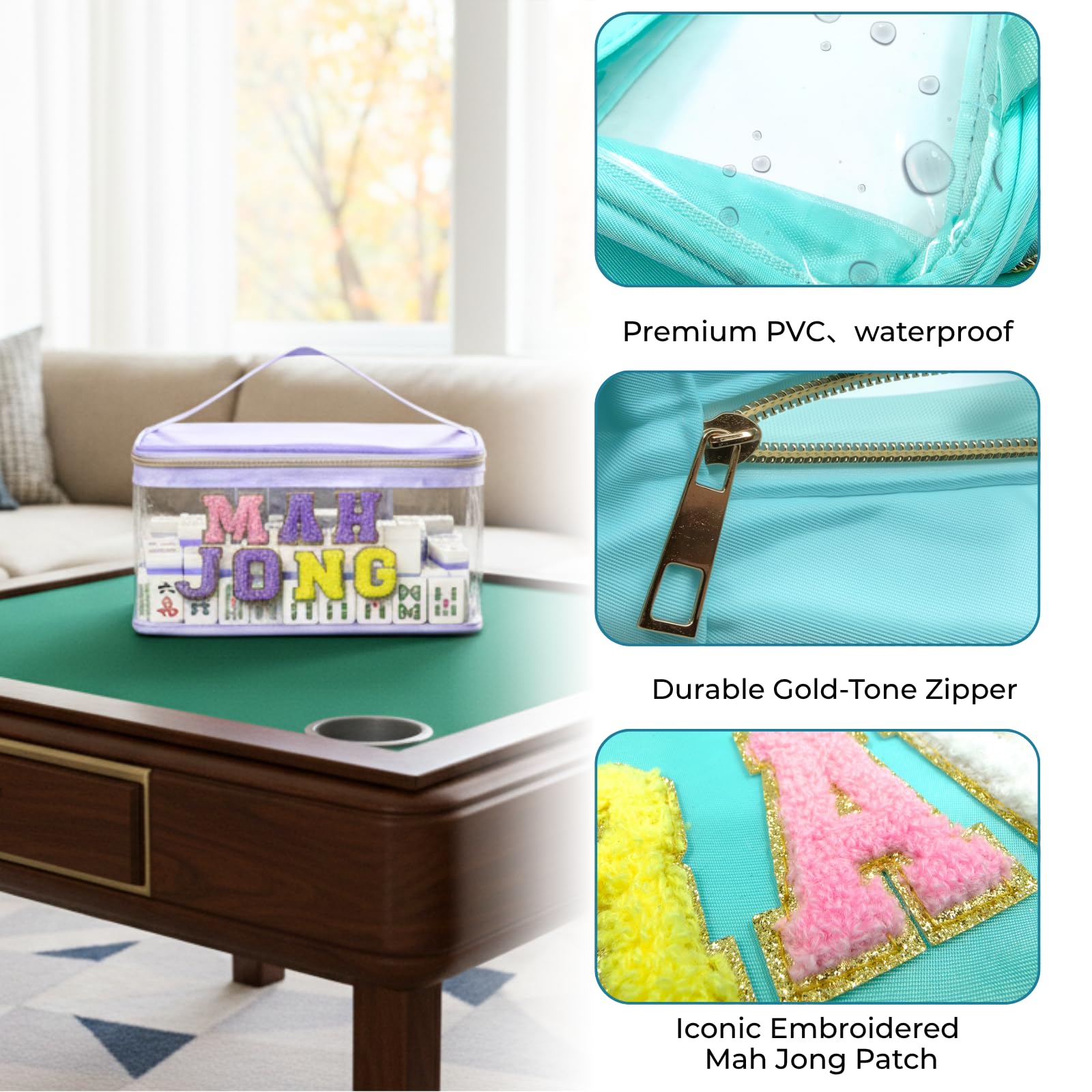 Loyipu PVC Transparent Mahjong Carry Bag with Embroidered MAH Jong - Mint Green/Purple/Pink | Fits Standard American Mahjong Tiles, Dice & Scorecards