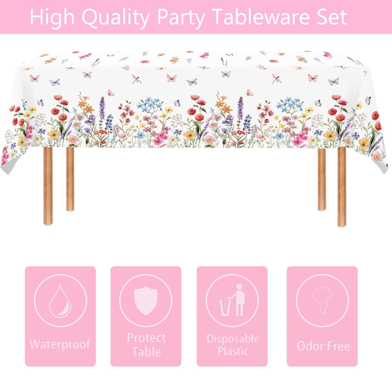 3 Pcs Wildflower Tablecloth Spring Summer Floral Table Cover for Butterfly Wildflowers Theme Picnic Dining Holiday Weeding Baby Shower Birthday Tea