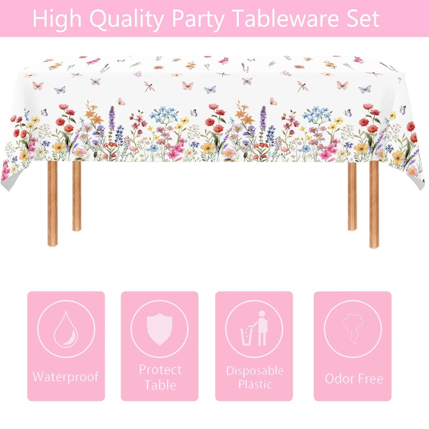 2 Pcs Wildflower Tablecloth Spring Summer Floral Table Cover for Butterfly Wildflowers Theme Picnic Dining Holiday Weeding Baby Shower Birthday Tea