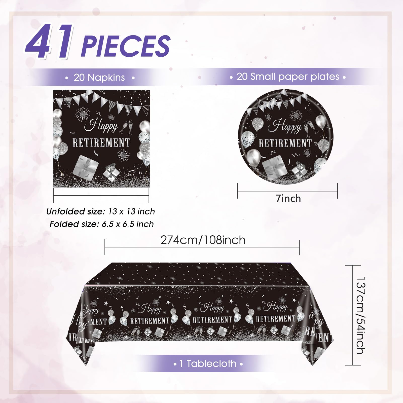41PCS Happy Retirement Party Decorations for Men and Women,Black Silver Happy Retirement Paper Plates Napkins and Tablecloth Disposable Dinnerware