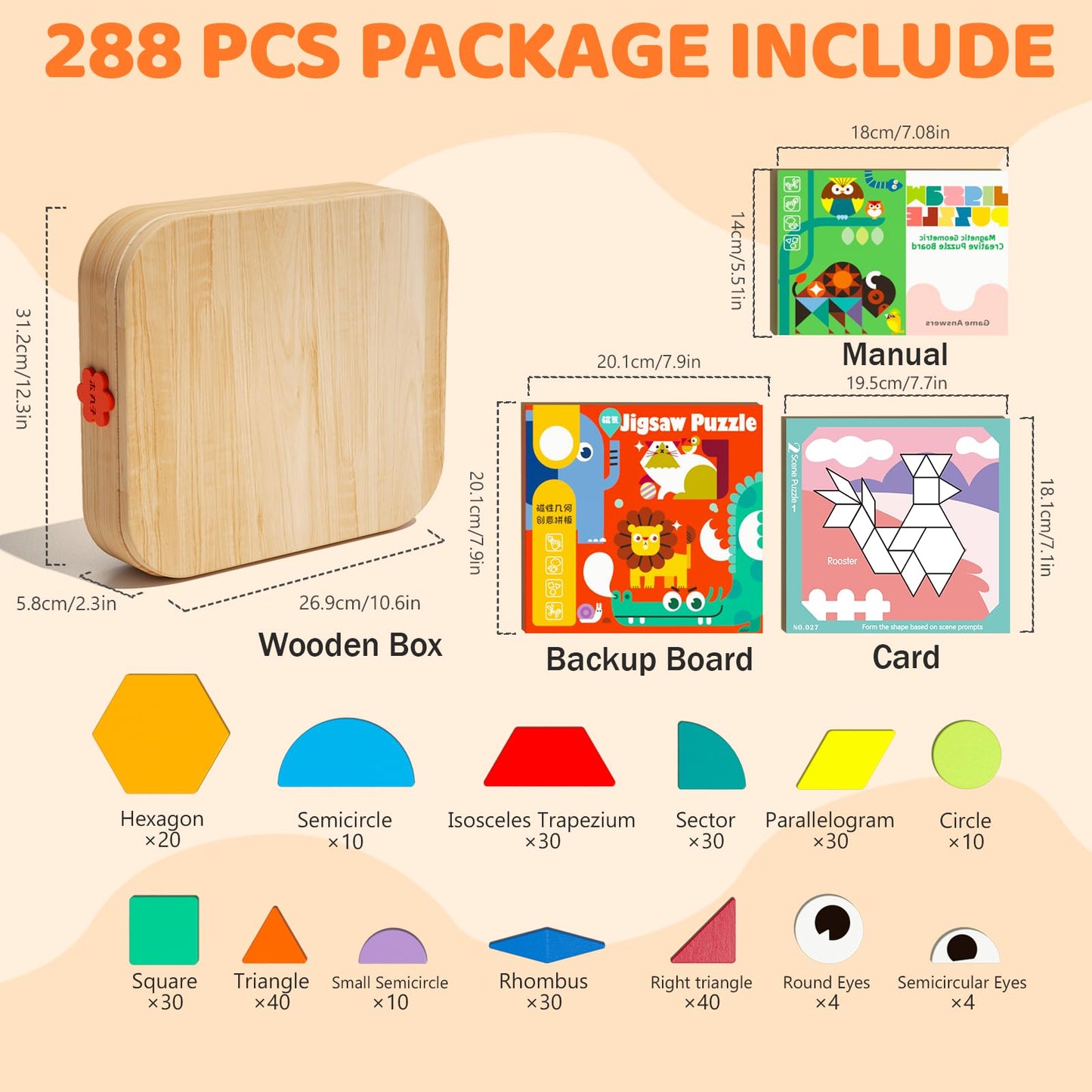 edutree Wooden Magnetic Pattern Blocks Set with Cards, 288 PCS Montessori Tangram Puzzle Learning Toys for Toddlers 4-8, Educational STEM Gift